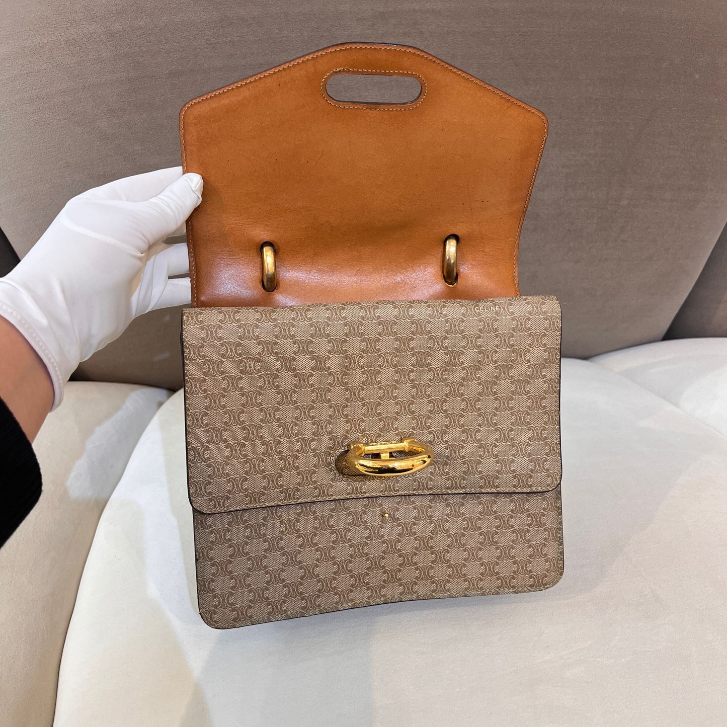 Celine Vintage Beige Triomphe Canvas Gold Horseshoe Clasp Handbag