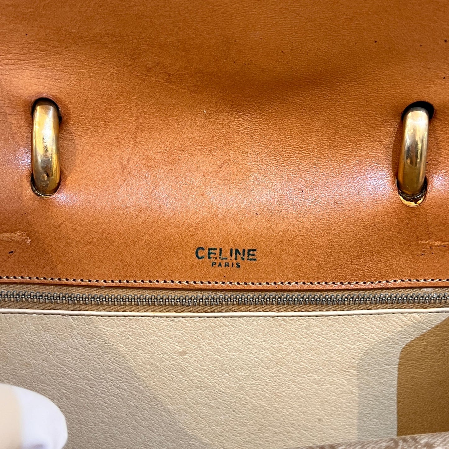 Celine Vintage Beige Triomphe Canvas Gold Horseshoe Clasp Handbag