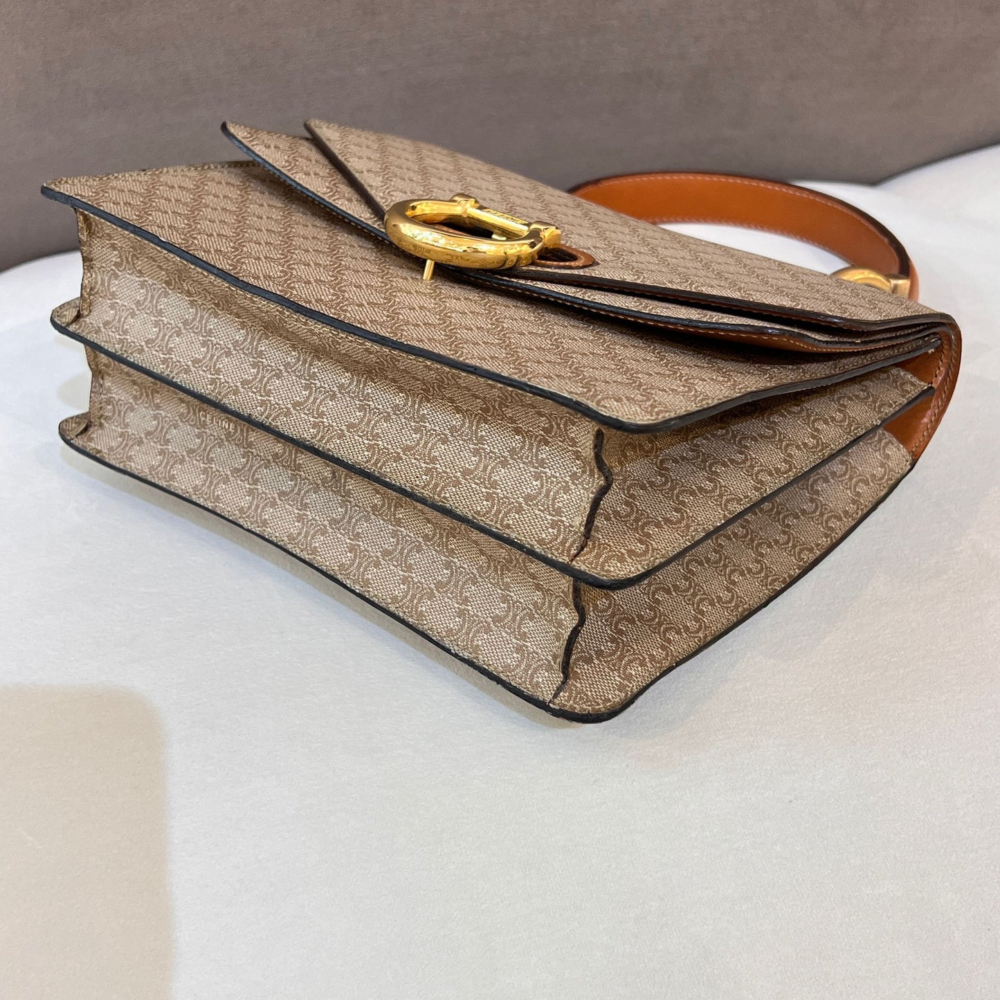 Celine Vintage Beige Triomphe Canvas Gold Horseshoe Clasp Handbag