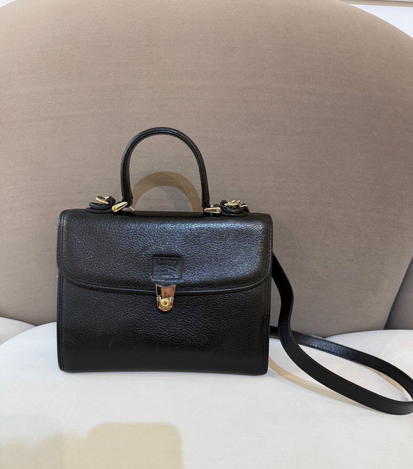 Burberry Vintage Black Grained Leather Gold Clasp 2-Way Handbag