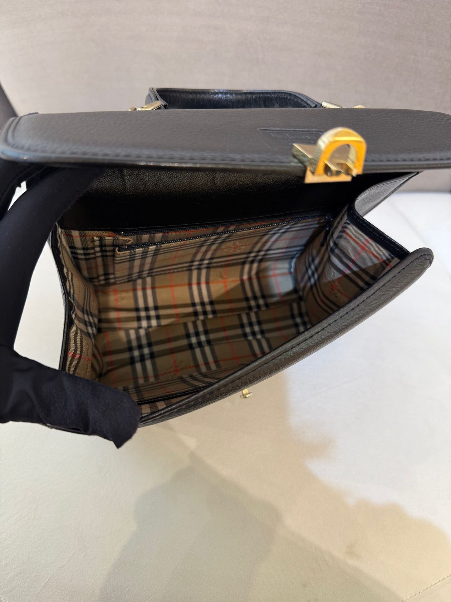 Burberry Vintage Black Grained Leather Gold Clasp 2-Way Handbag