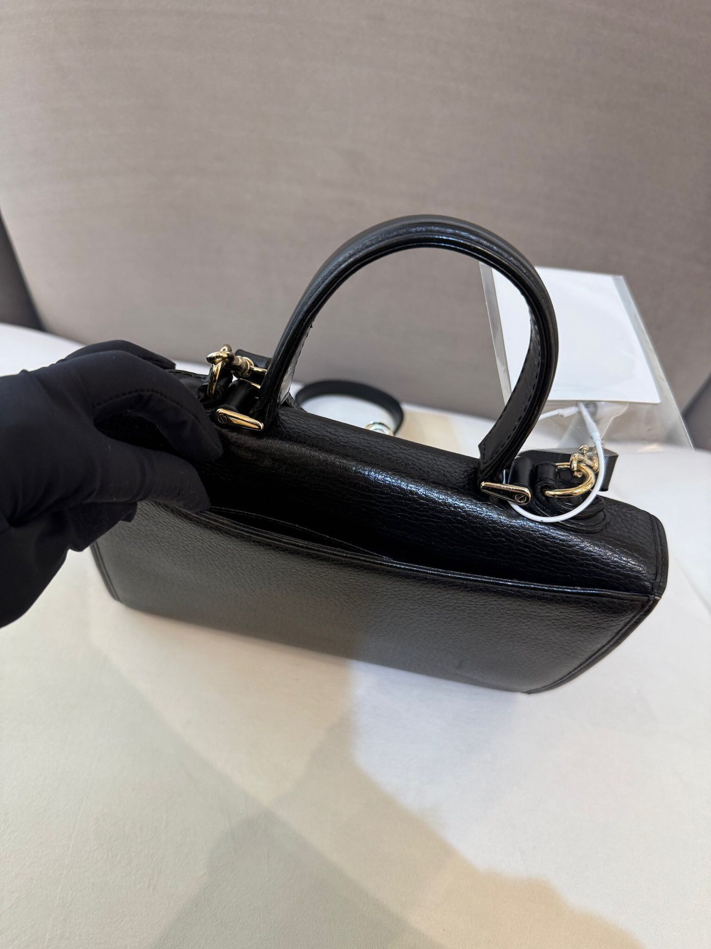 Burberry Vintage Black Grained Leather Gold Clasp 2-Way Handbag