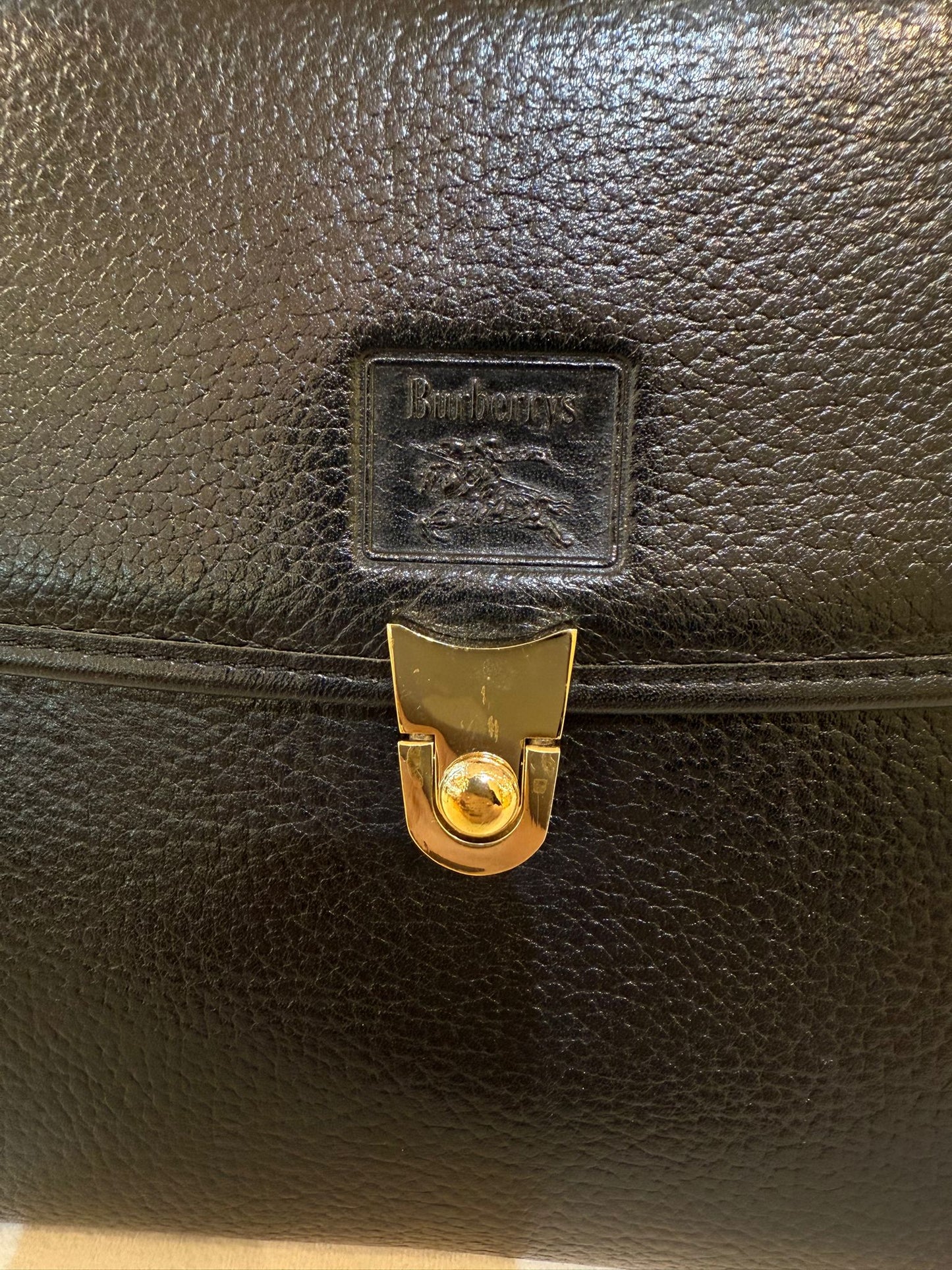 Burberry Vintage Black Grained Leather Gold Clasp 2-Way Handbag