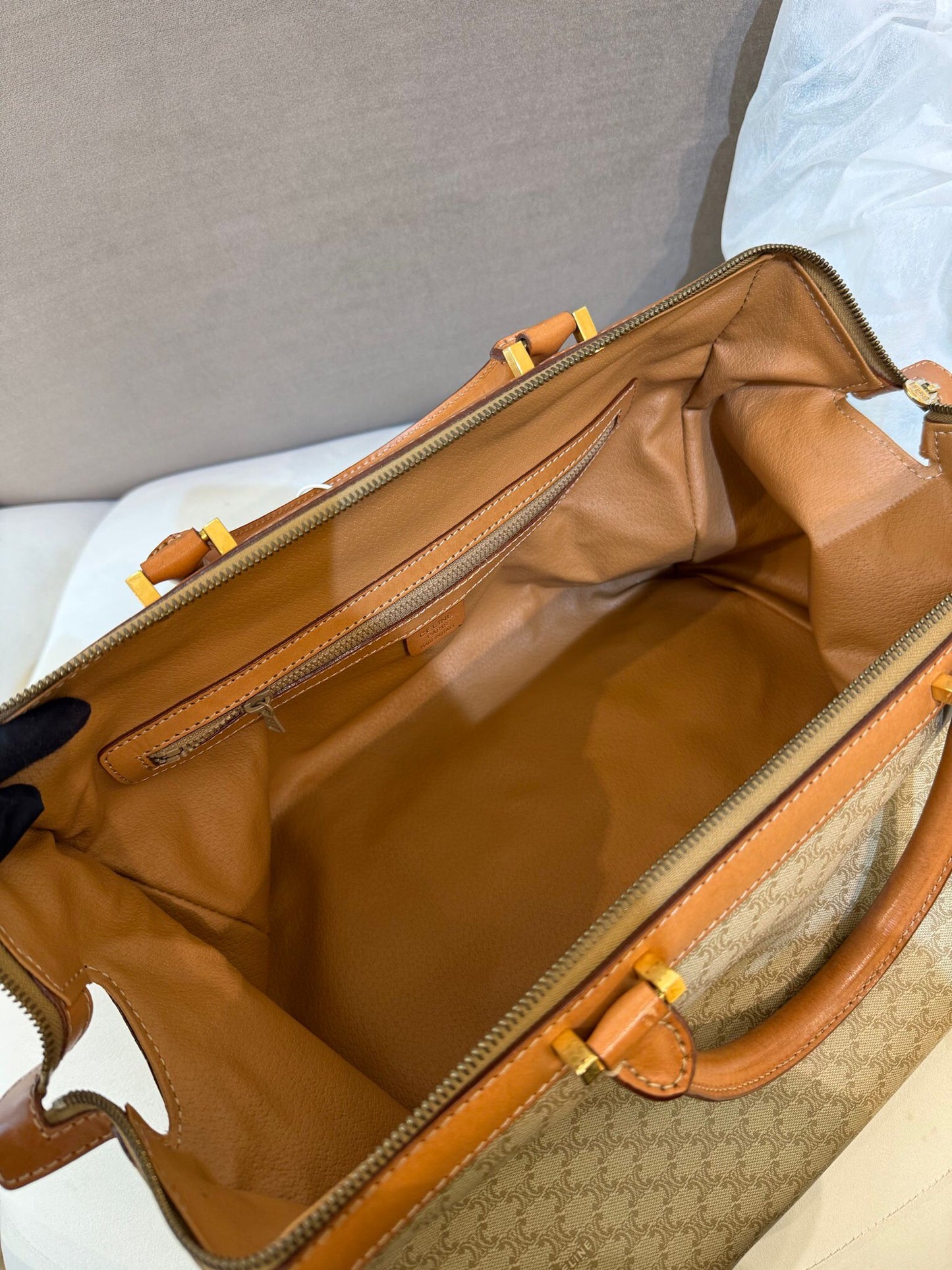 Celine Vintage Macadam Canvas Beige Leather Boston Handbag