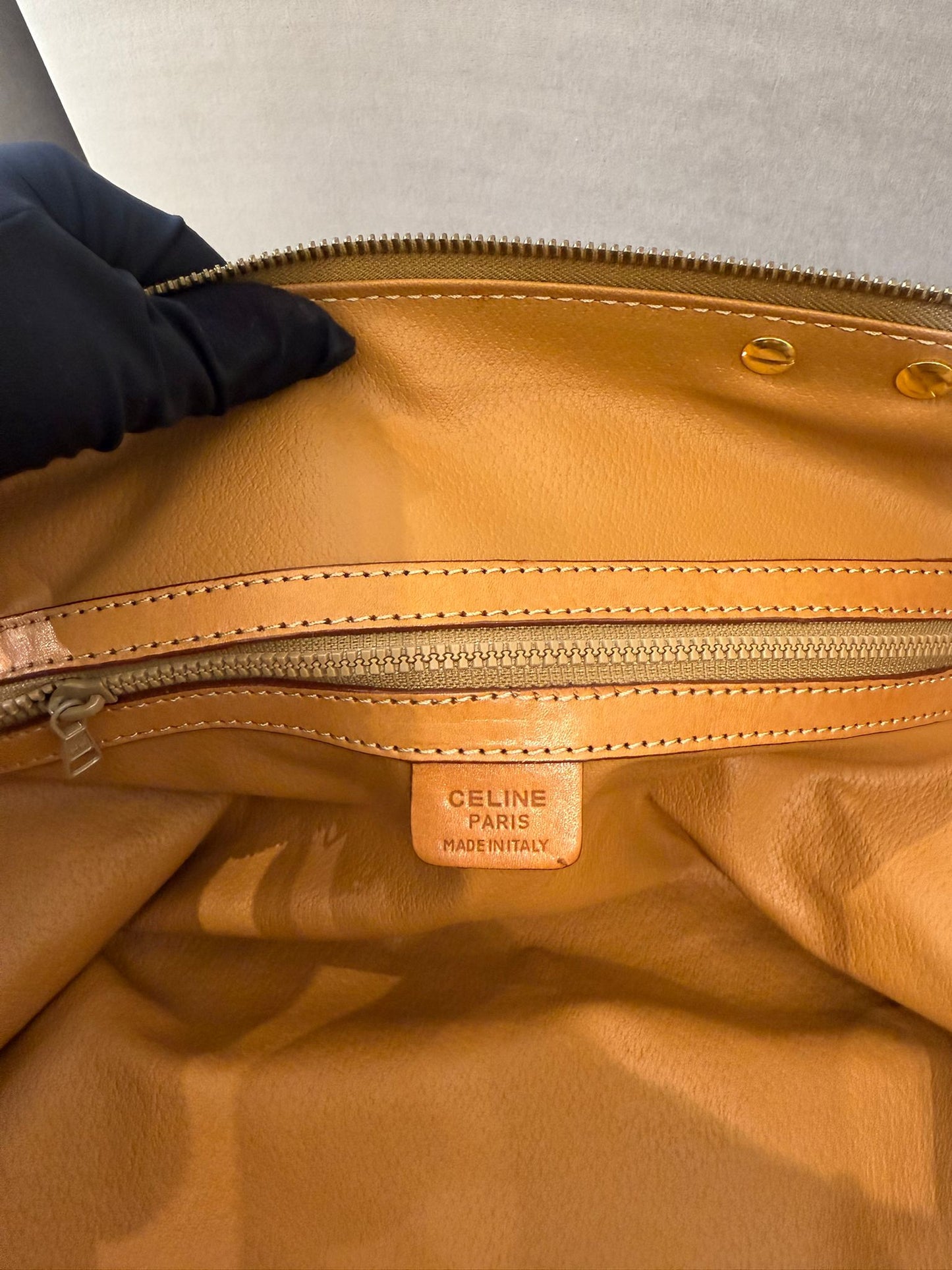 Celine Vintage Macadam Canvas Beige Leather Boston Handbag