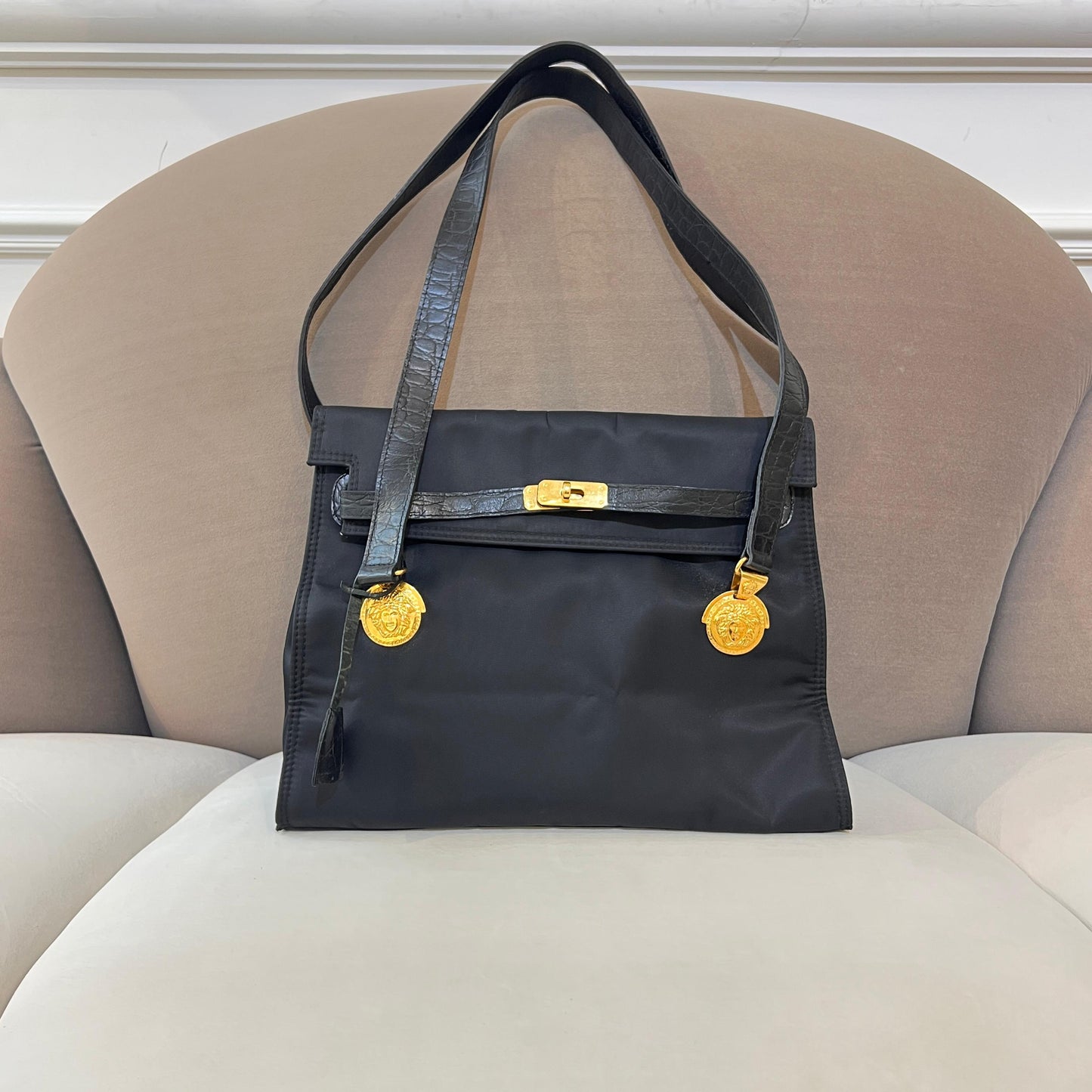 Versace Vintage Black Satin Medusa Medallion Handle Bag