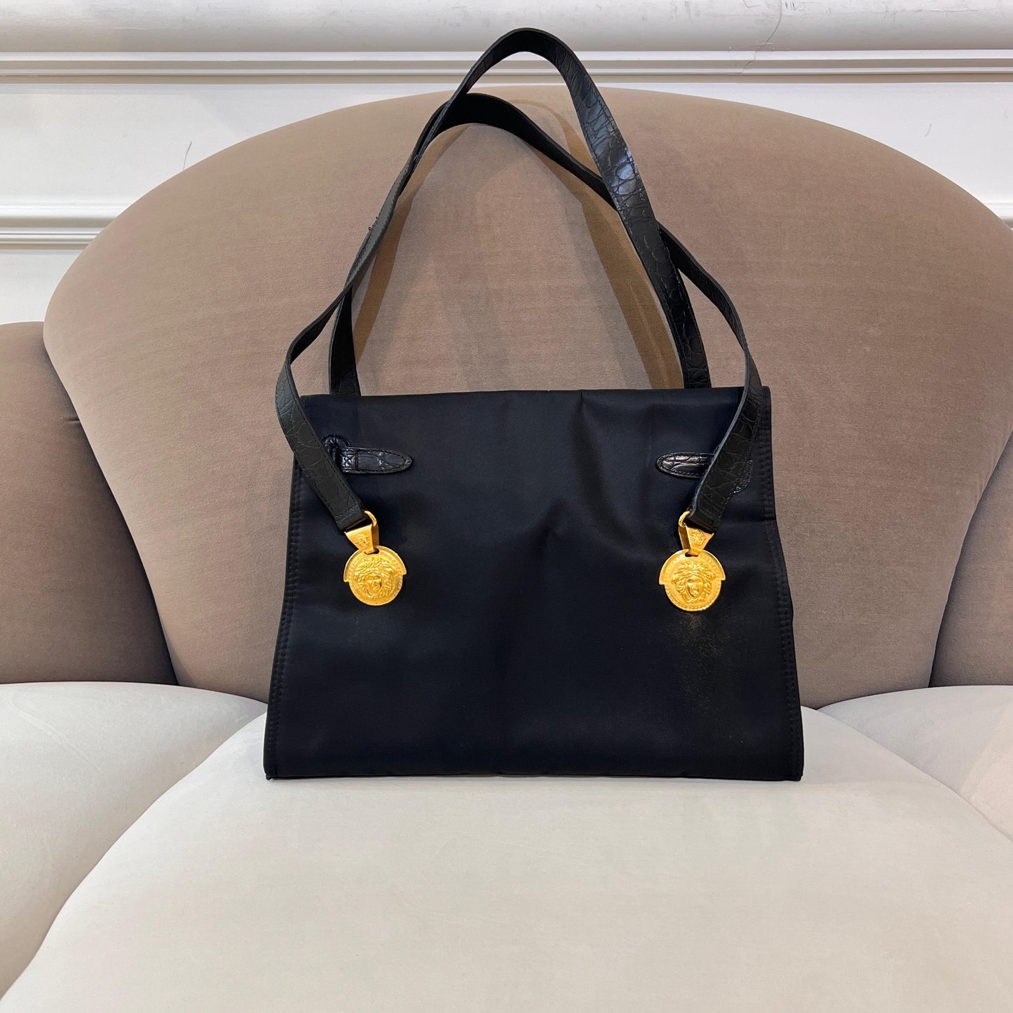 Versace Vintage Black Satin Medusa Medallion Handle Bag