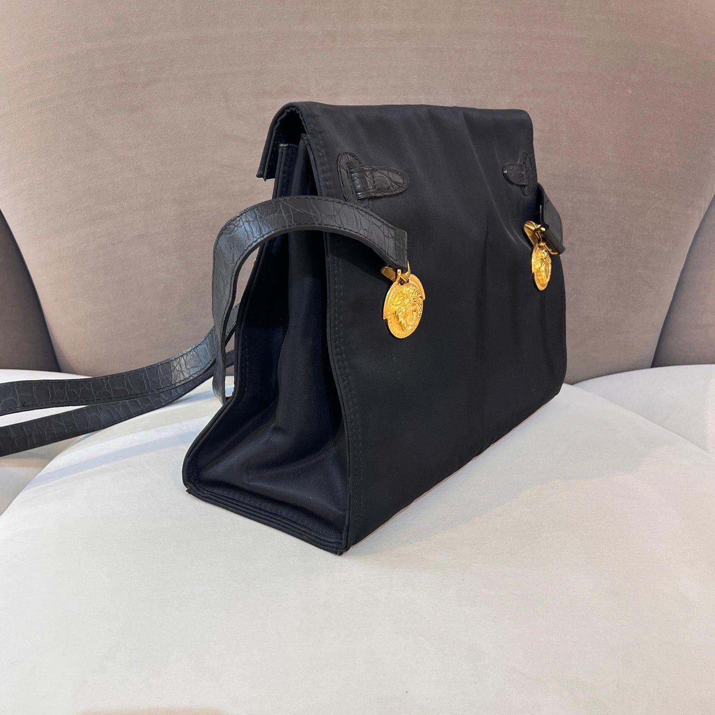 Versace Vintage Black Satin Medusa Medallion Handle Bag