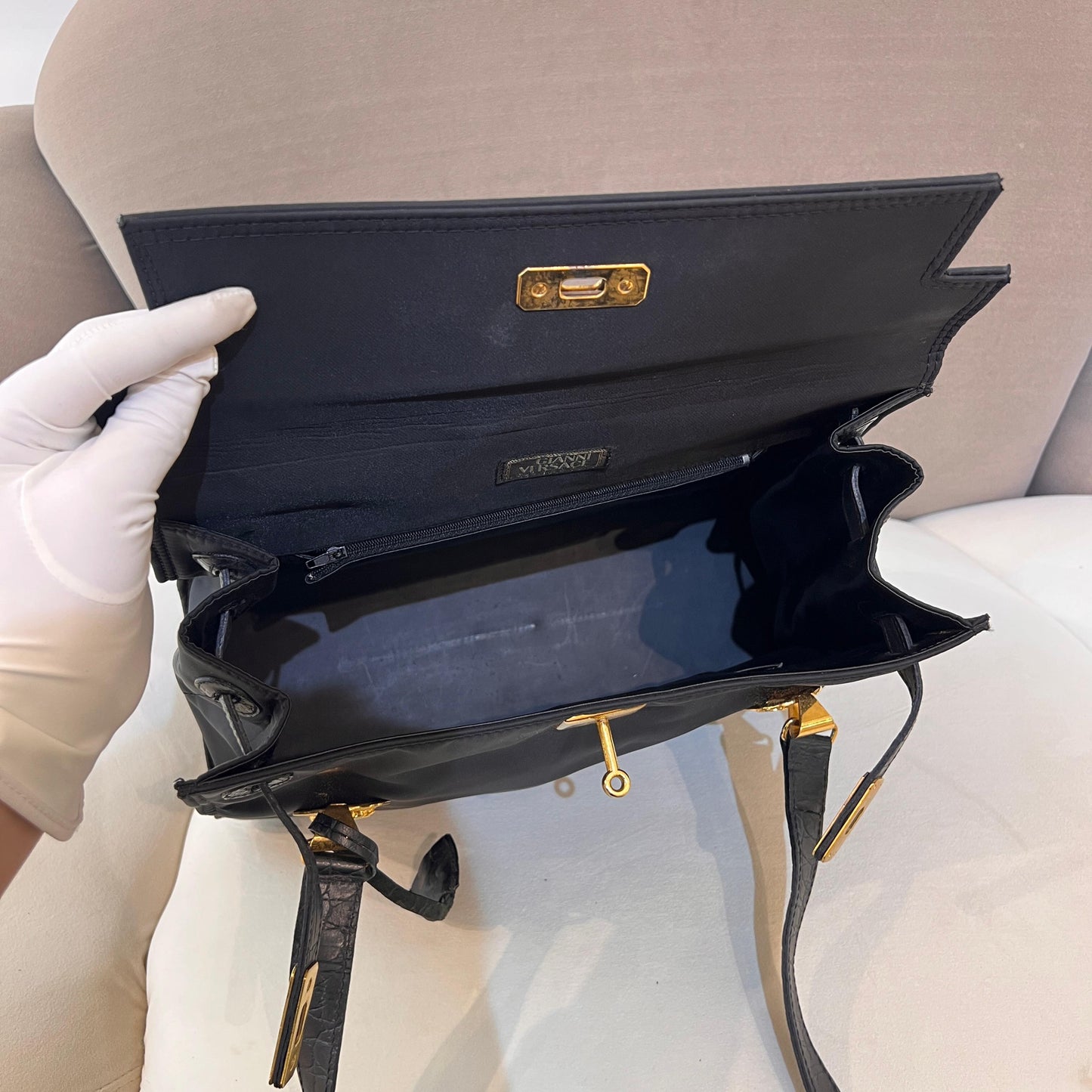 Versace Vintage Black Satin Medusa Medallion Handle Bag