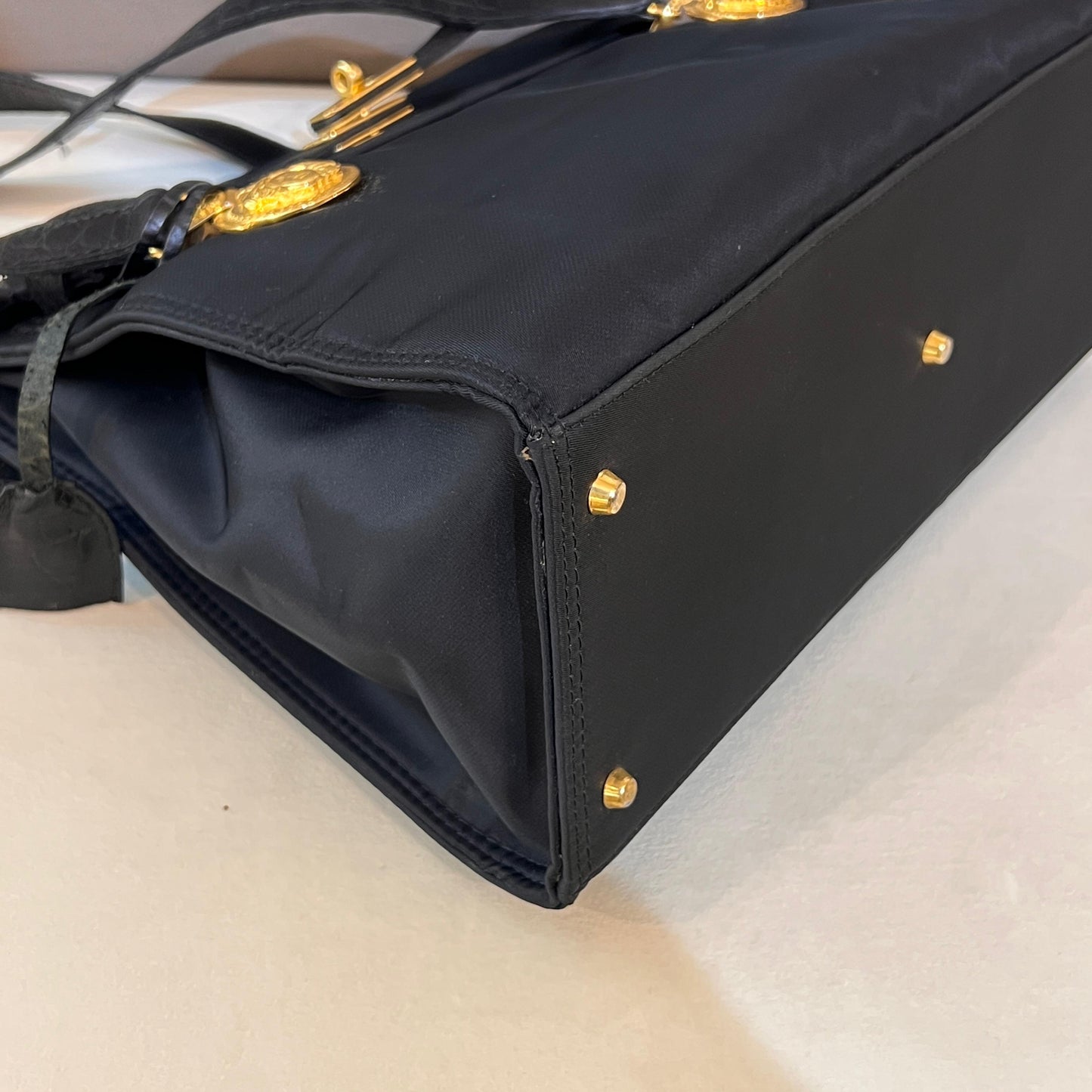Versace Vintage Black Satin Medusa Medallion Handle Bag