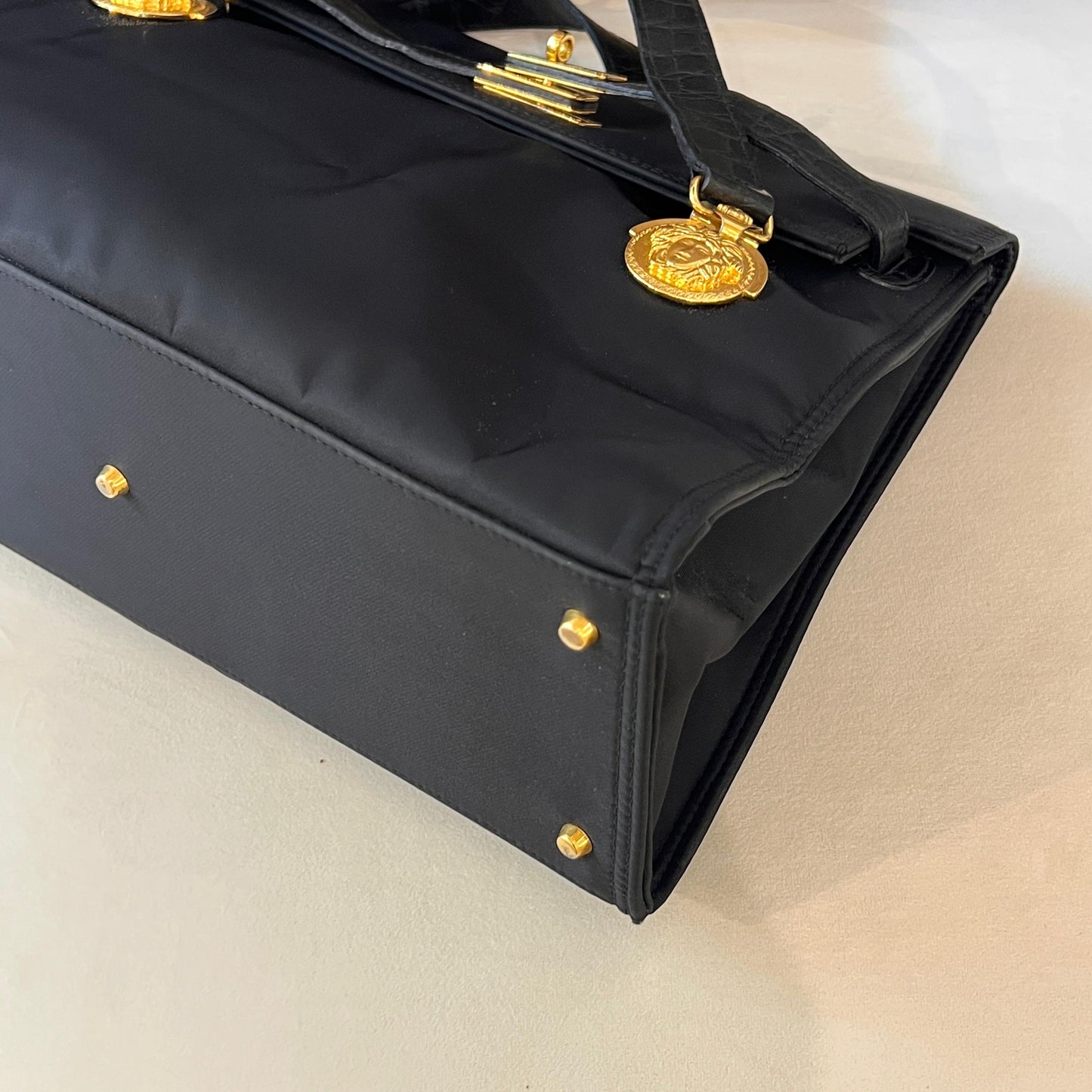Versace Vintage Black Satin Medusa Medallion Handle Bag