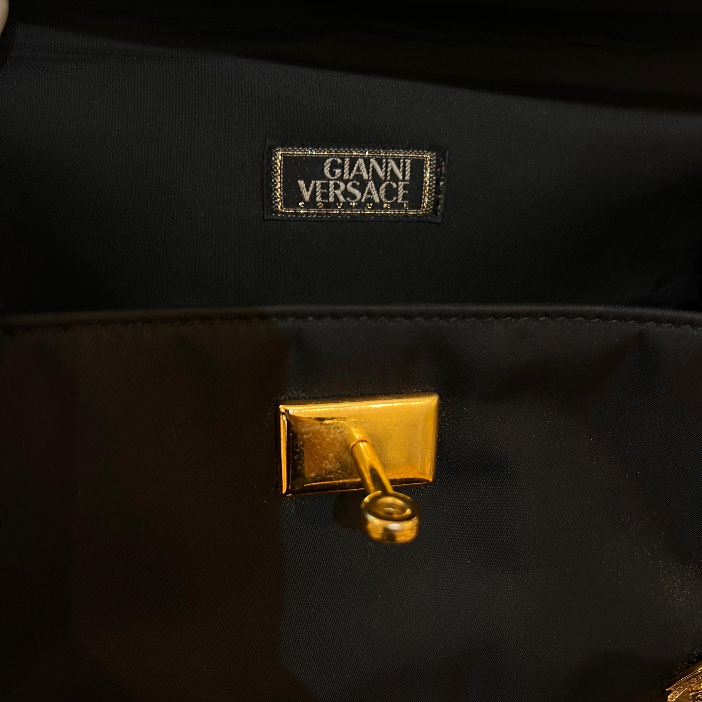 Versace Vintage Black Satin Medusa Medallion Handle Bag
