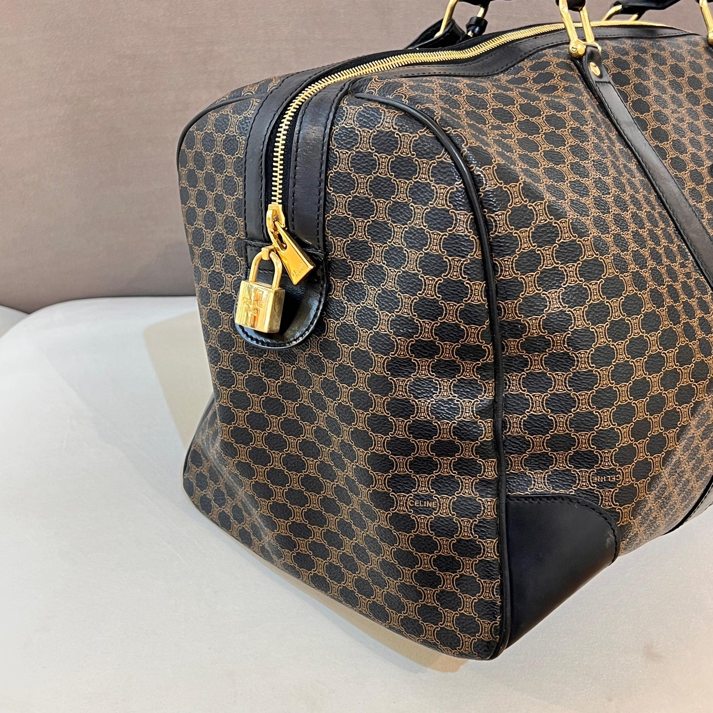 Celine Vintage Black Macadam Pvc Leather Boston Bag With Padlock