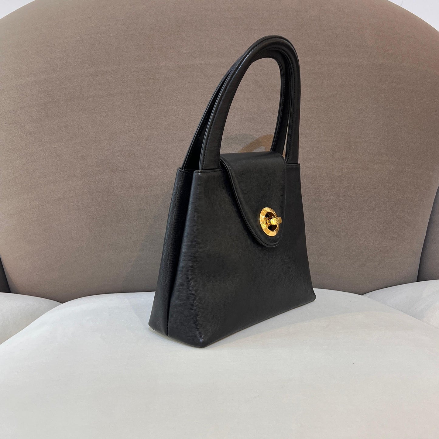 Givenchy Vintage Black Leather Golden Turn Lock Top Handle Bag
