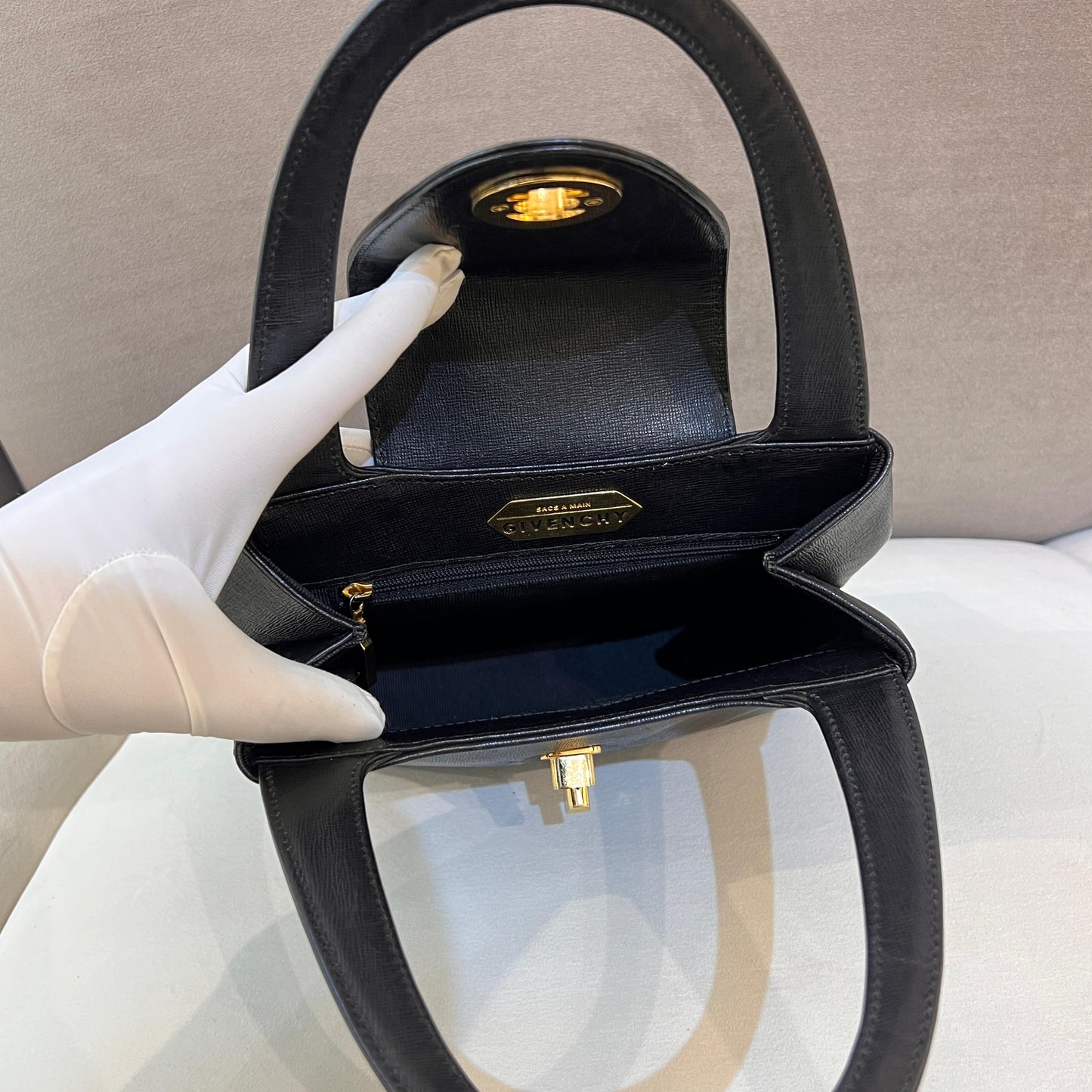 Givenchy Vintage Black Leather Golden Turn Lock Top Handle Bag