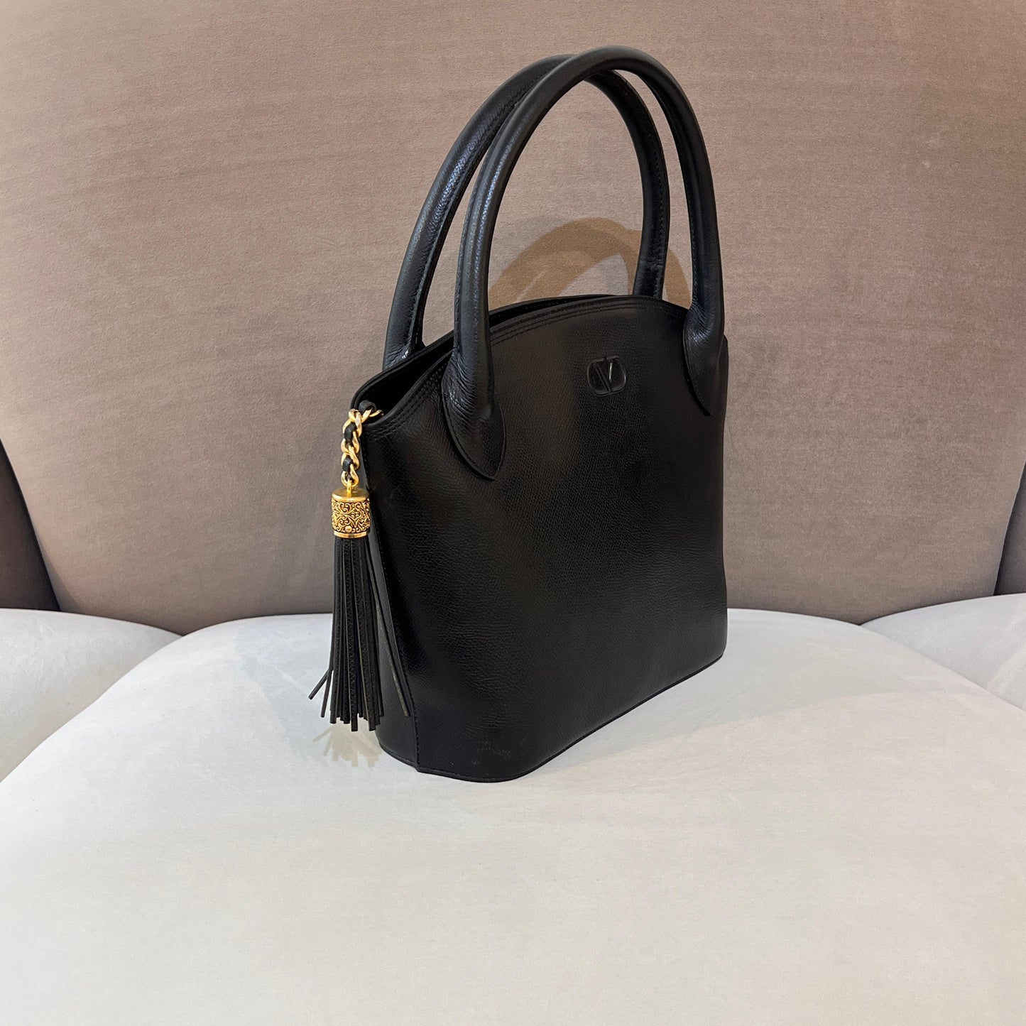 Valentino Garavani Vintage Black Leather Tassel Handle Bag