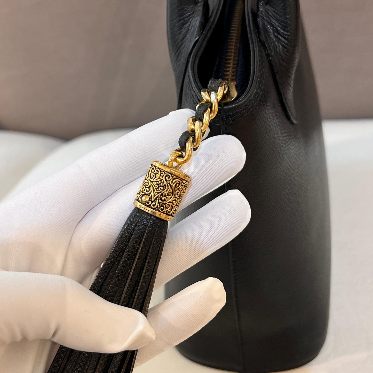 Valentino Garavani Vintage Black Leather Tassel Handle Bag