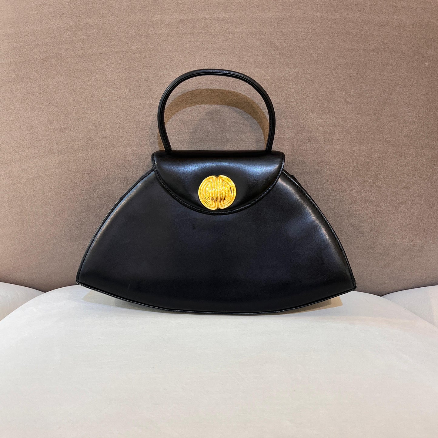 Givenchy Vintage Black Leather Trapezoid Top Handle Bag With Gold Medallion Clasp