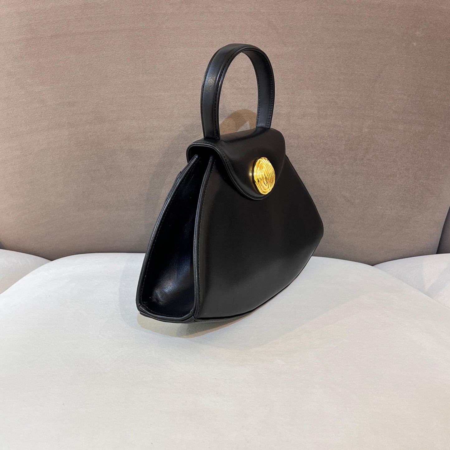 Givenchy Vintage Black Leather Trapezoid Top Handle Bag With Gold Medallion Clasp
