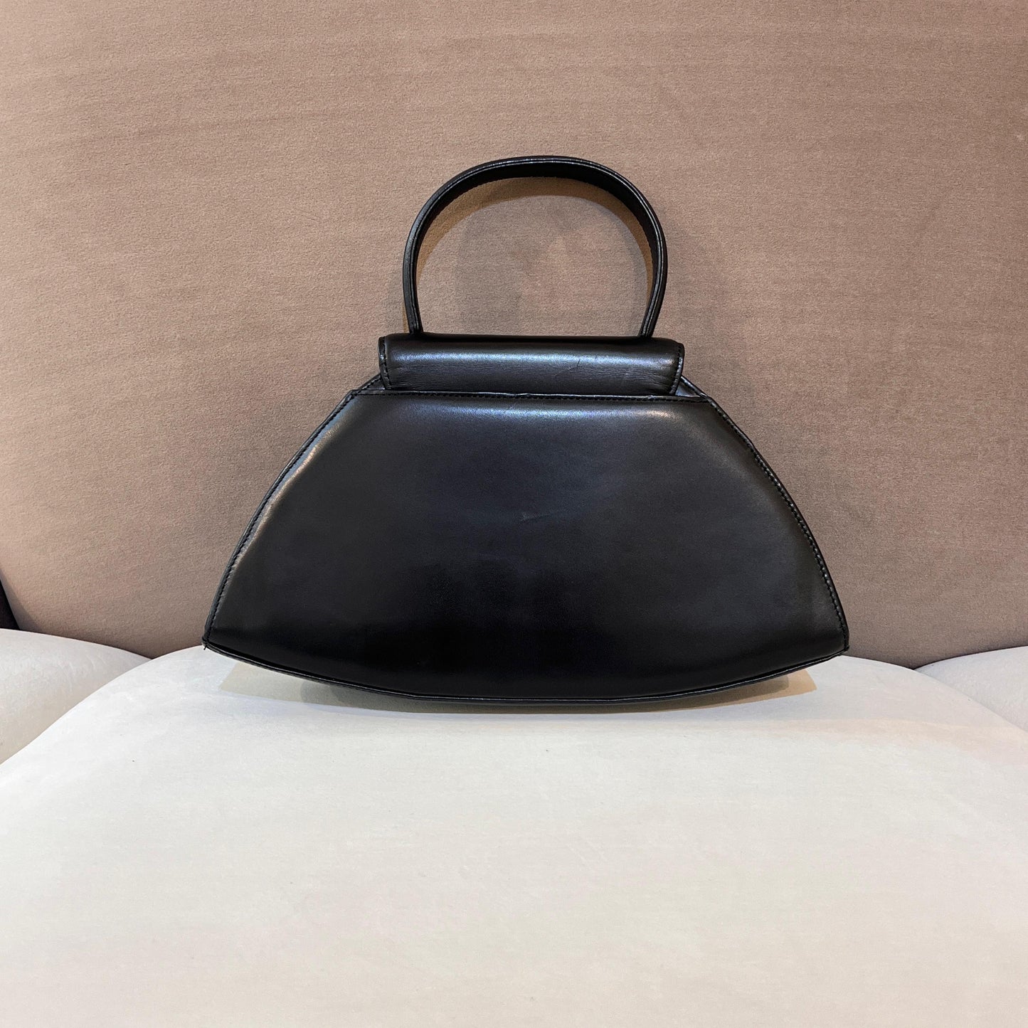 Givenchy Vintage Black Leather Trapezoid Top Handle Bag With Gold Medallion Clasp