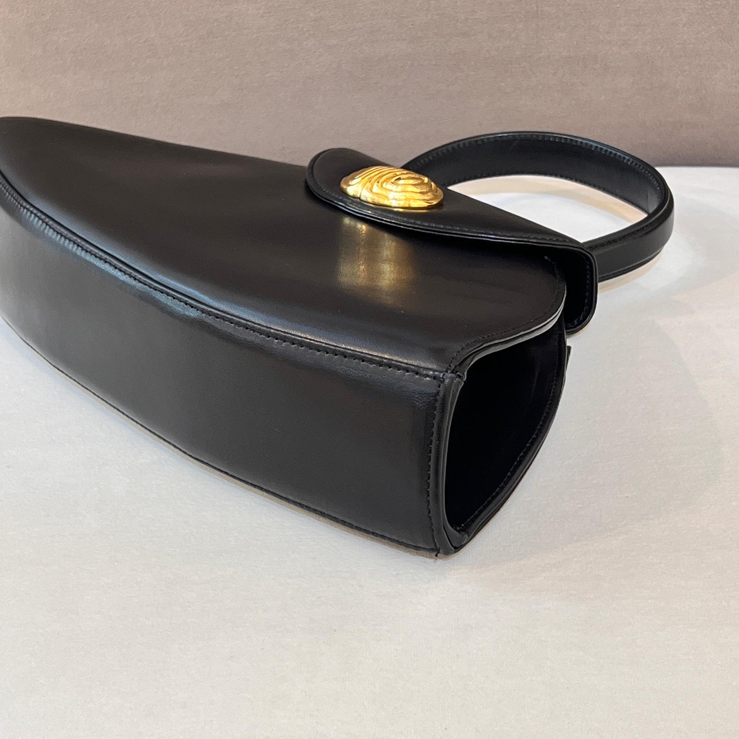 Givenchy Vintage Black Leather Trapezoid Top Handle Bag With Gold Medallion Clasp