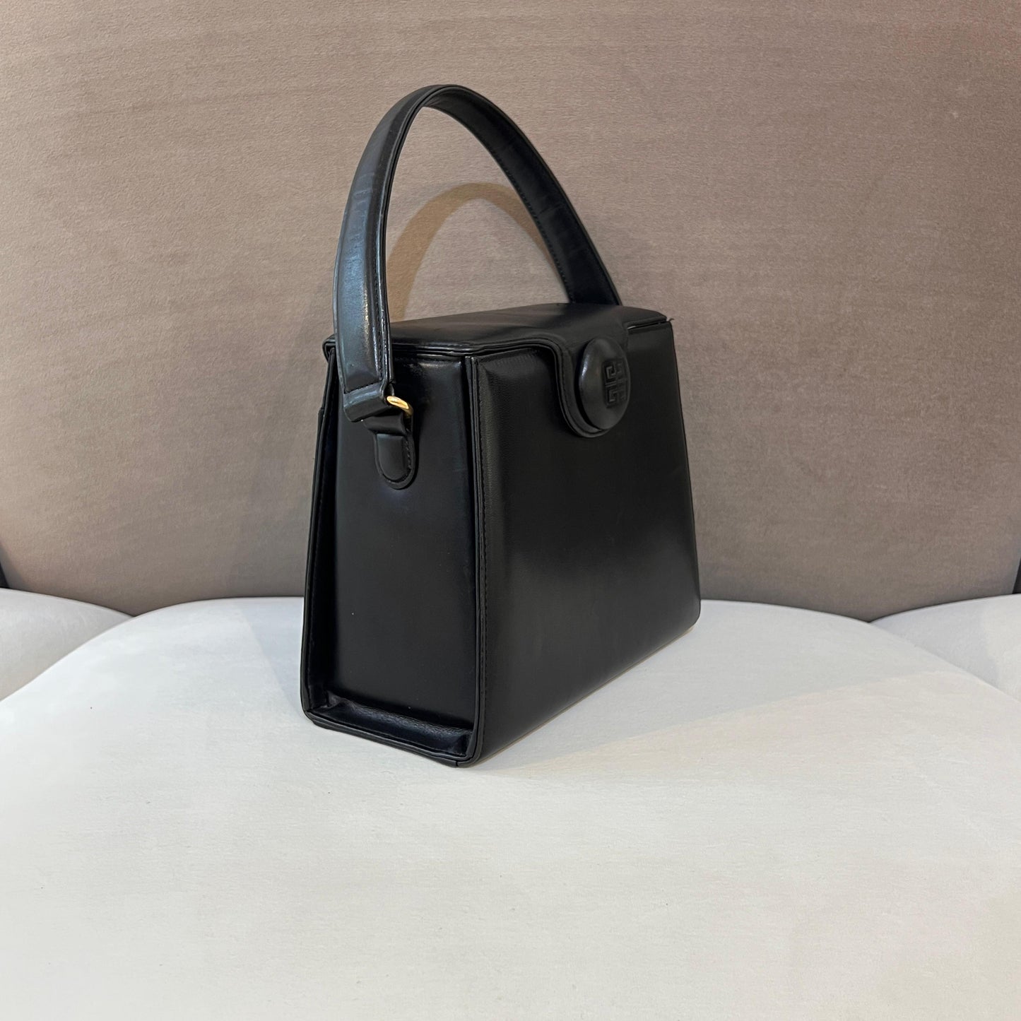 Givenchy Vintage Black Leather Embossed Logo Structured Top Handle Bag