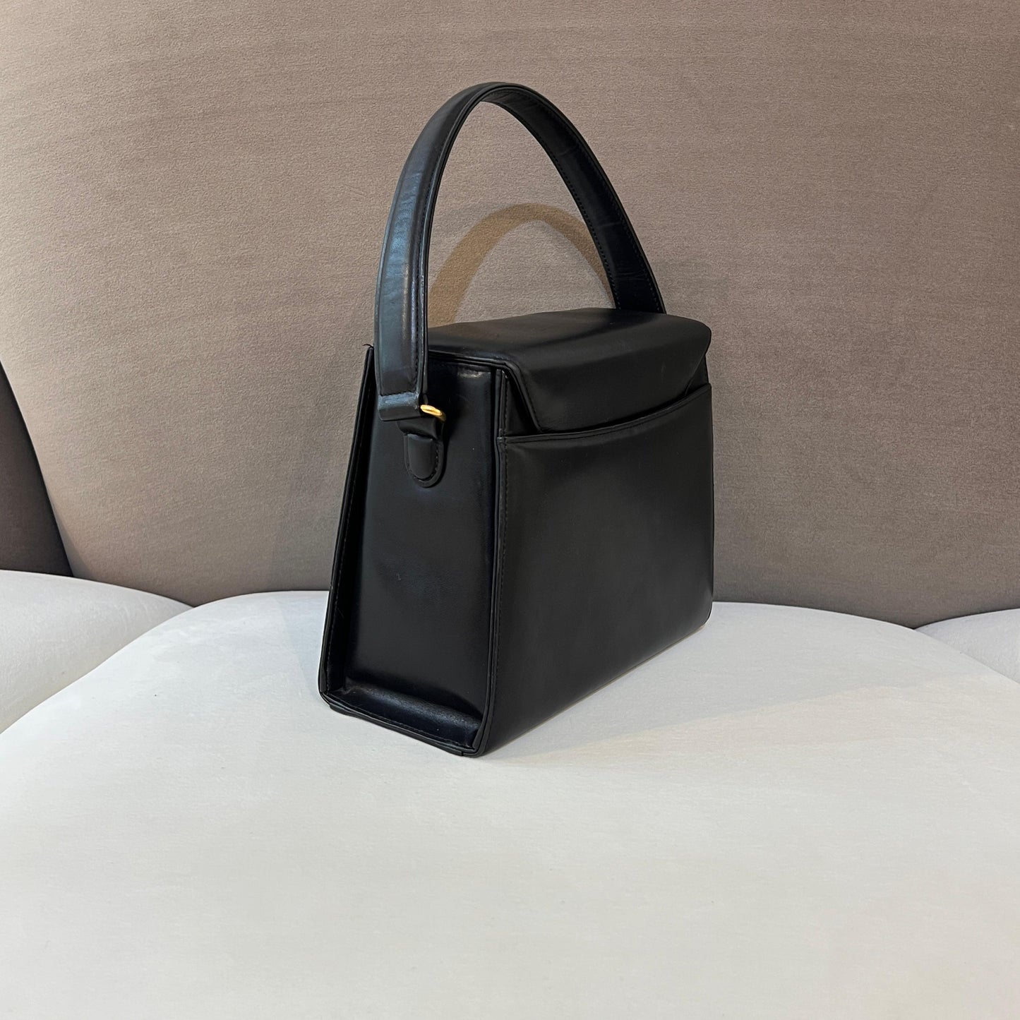 Givenchy Vintage Black Leather Embossed Logo Structured Top Handle Bag
