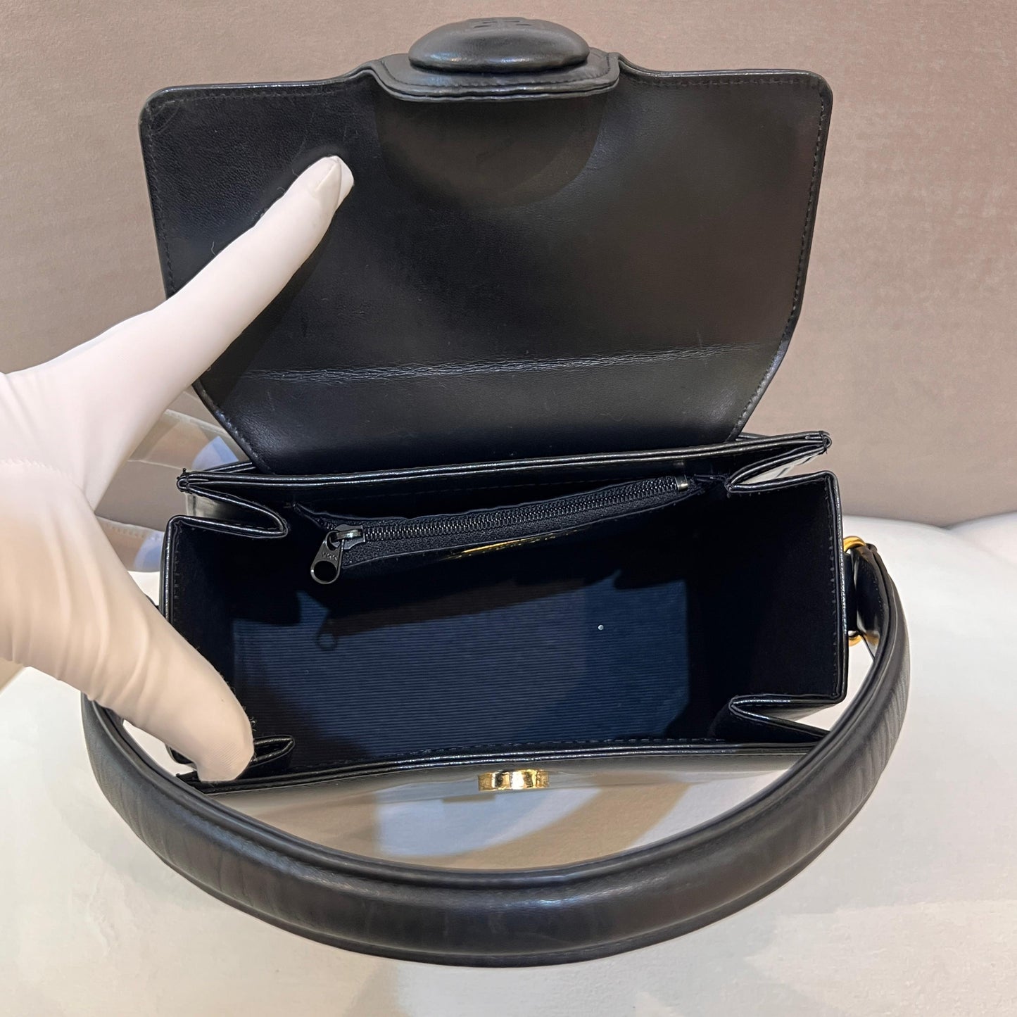 Givenchy Vintage Black Leather Embossed Logo Structured Top Handle Bag