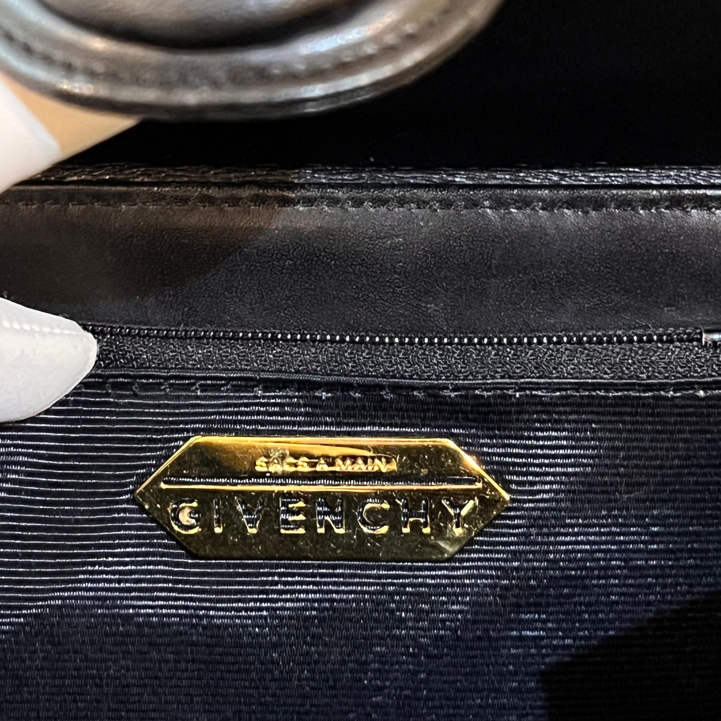 Givenchy Vintage Black Leather Embossed Logo Structured Top Handle Bag