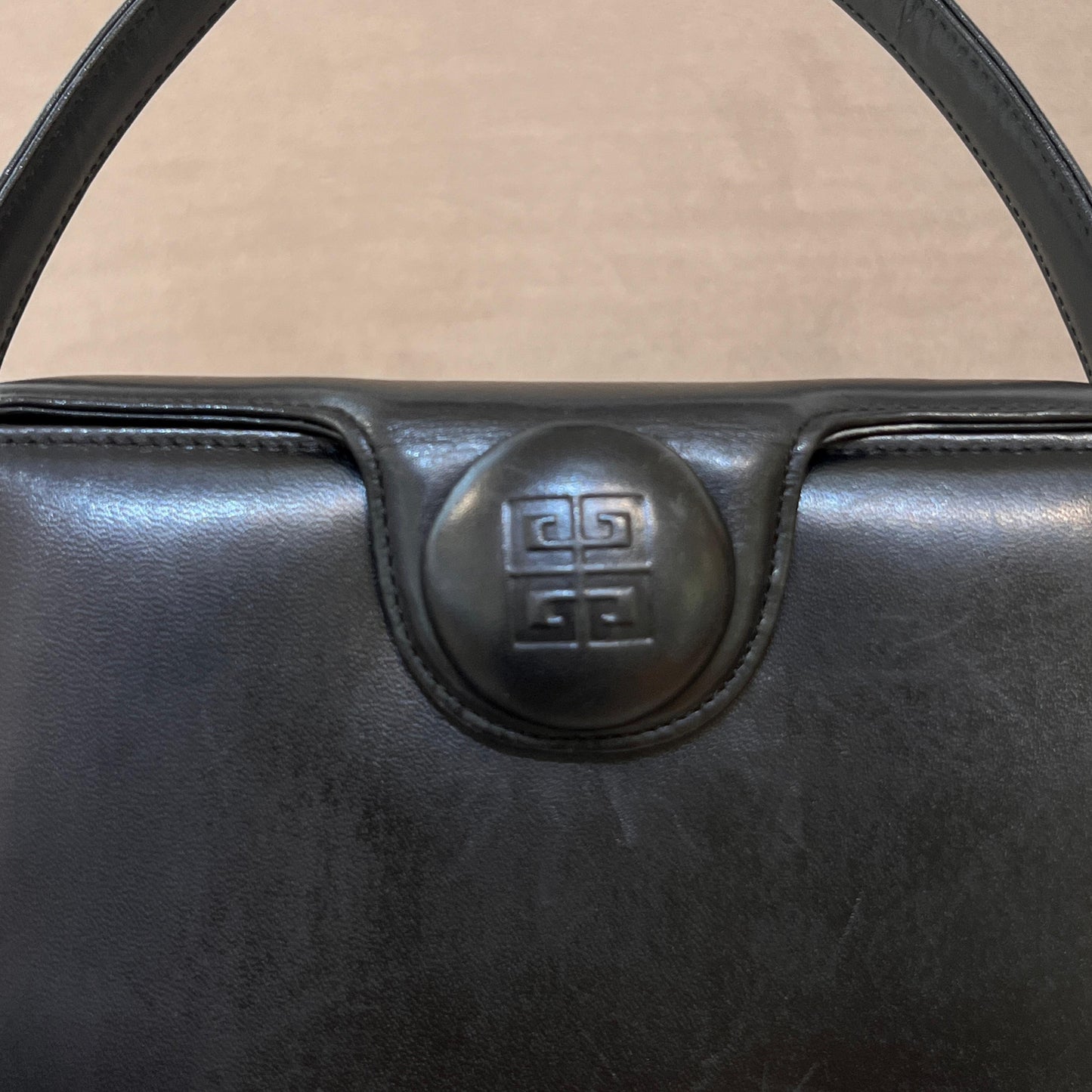 Givenchy Vintage Black Leather Embossed Logo Structured Top Handle Bag