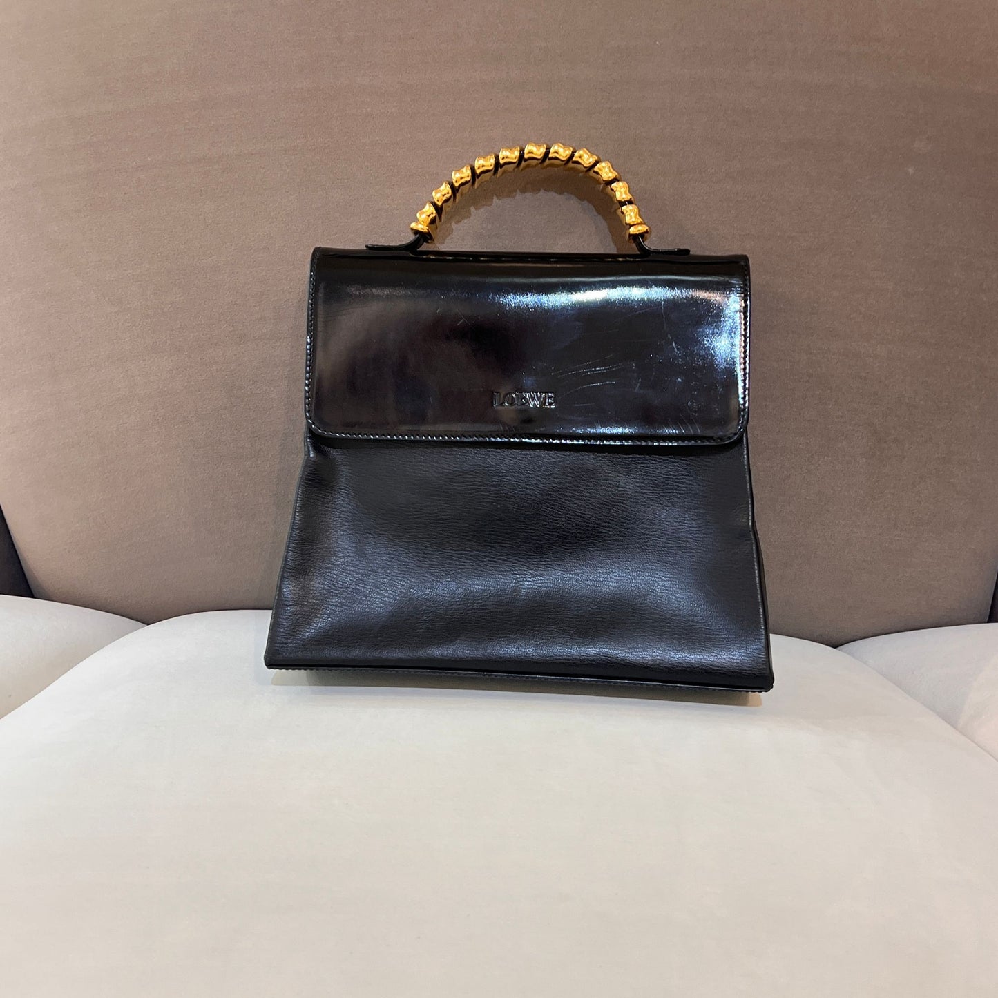 Loewe Vintage Black Leather Gold Bamboo Handle Shoulder Bag