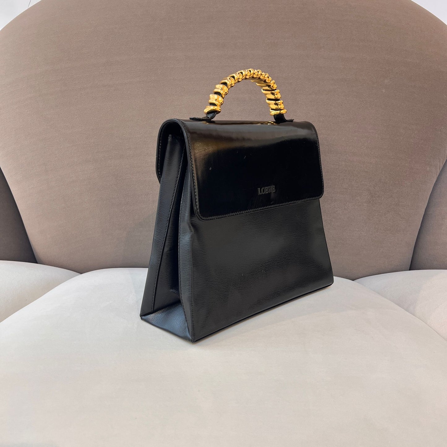 Loewe Vintage Black Leather Gold Bamboo Handle Shoulder Bag