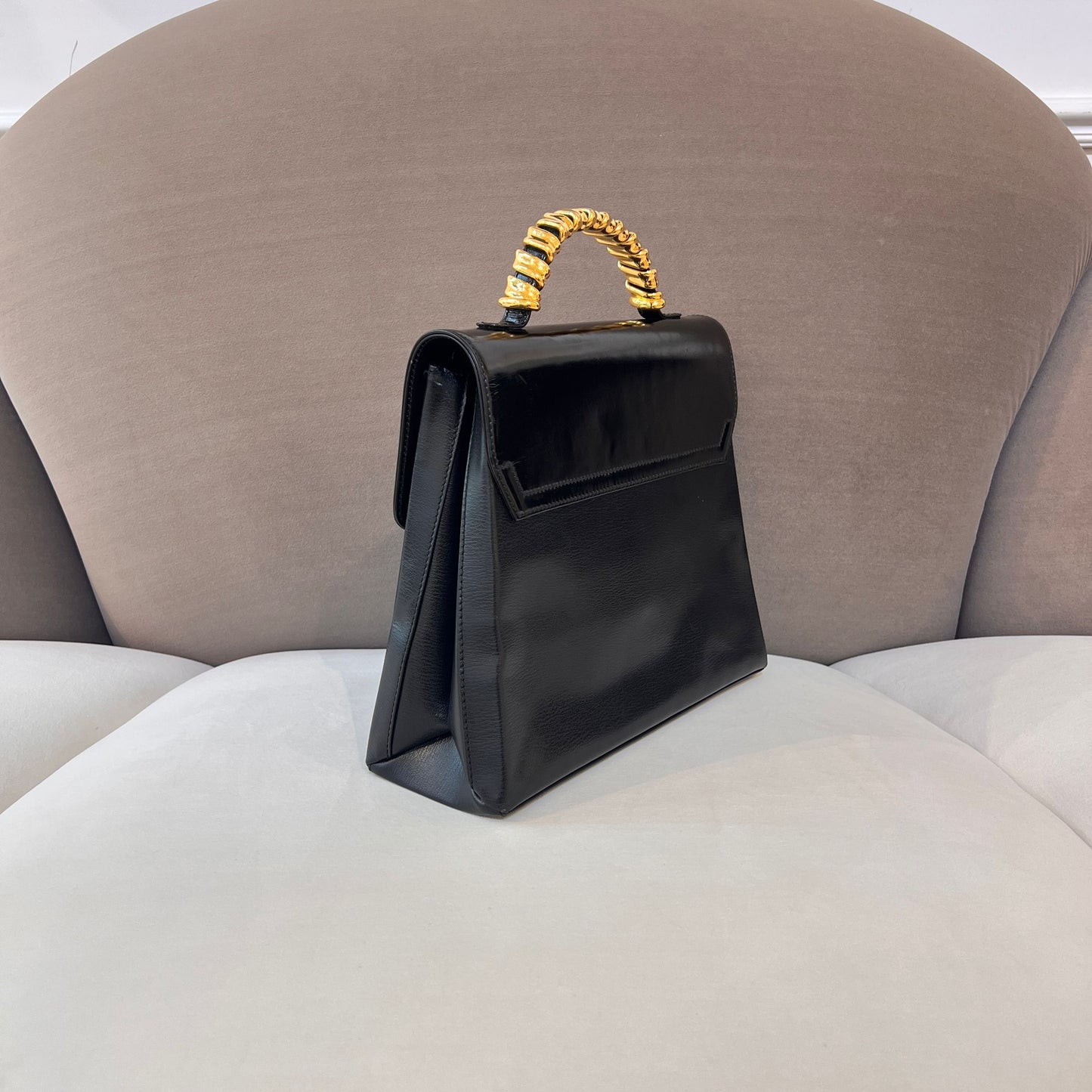 Loewe Vintage Black Leather Gold Bamboo Handle Shoulder Bag