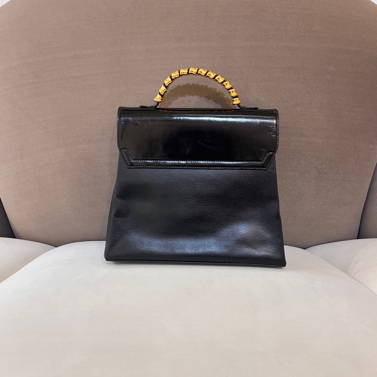 Loewe Vintage Black Leather Gold Bamboo Handle Shoulder Bag