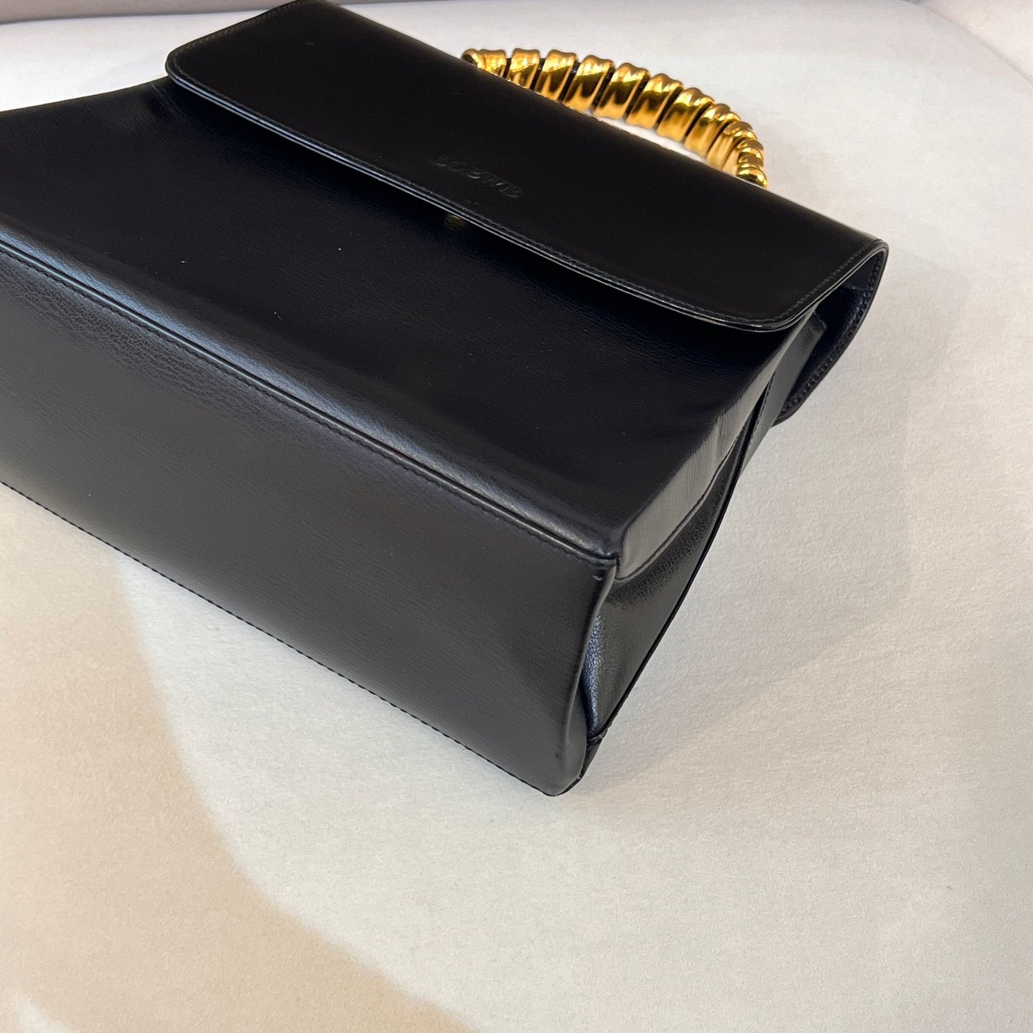 Loewe Vintage Black Leather Gold Bamboo Handle Shoulder Bag