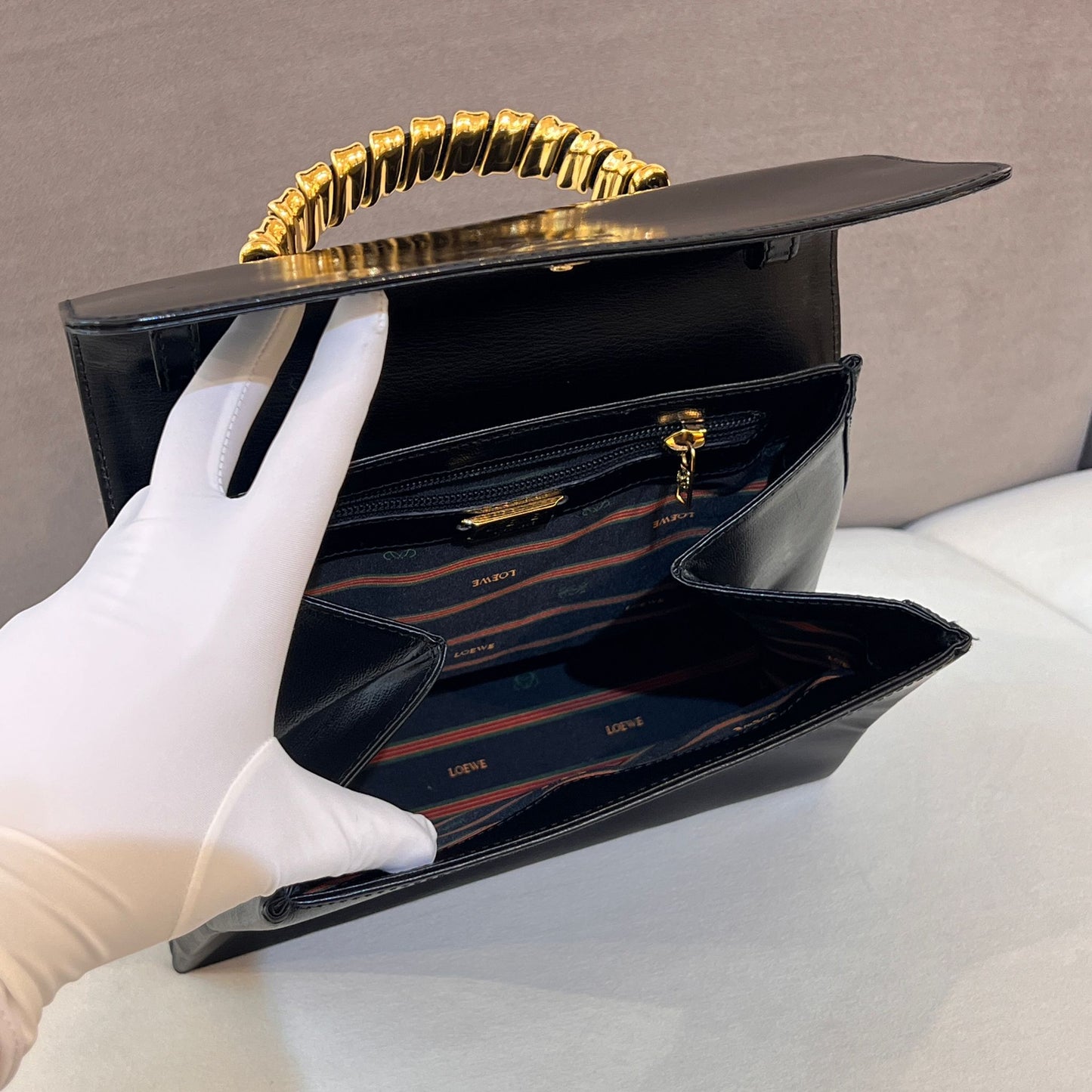Loewe Vintage Black Leather Gold Bamboo Handle Shoulder Bag