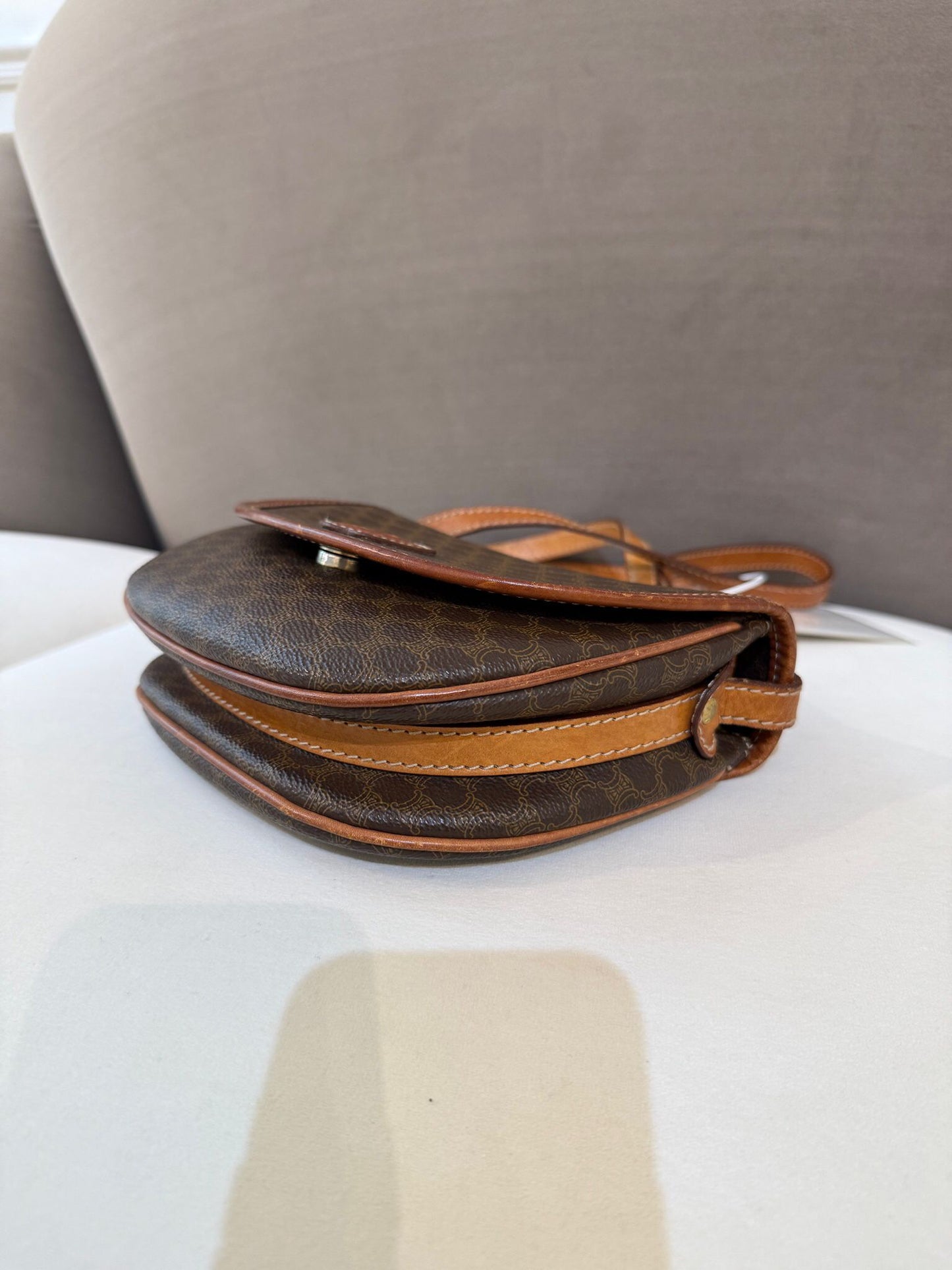 Celine Vintage Macadam Canvas Beige Leather Boston Handbag