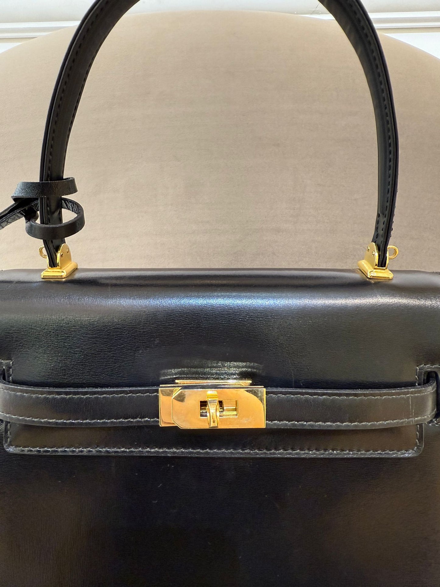 Bally Vintage Black Leather Gold Turn-Lock Top Handle Bag