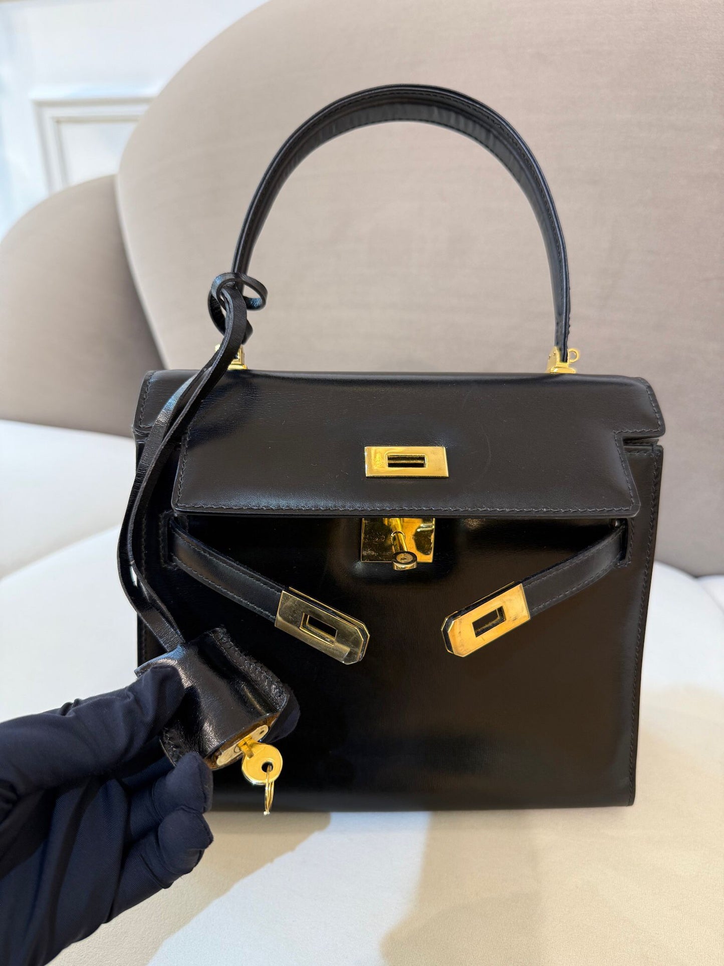 Bally Vintage Black Leather Gold Turn-Lock Top Handle Bag