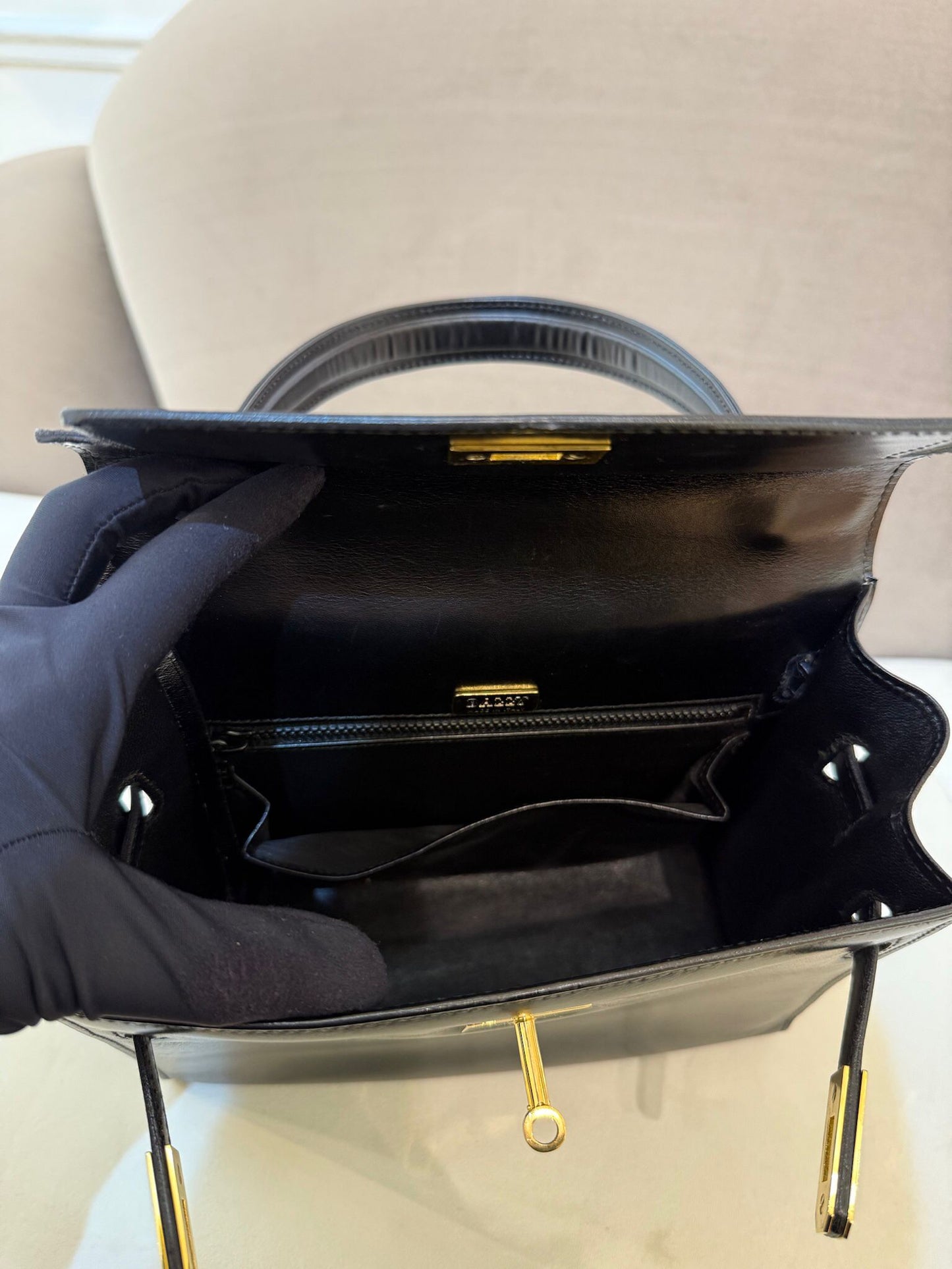 Bally Vintage Black Leather Gold Turn-Lock Top Handle Bag