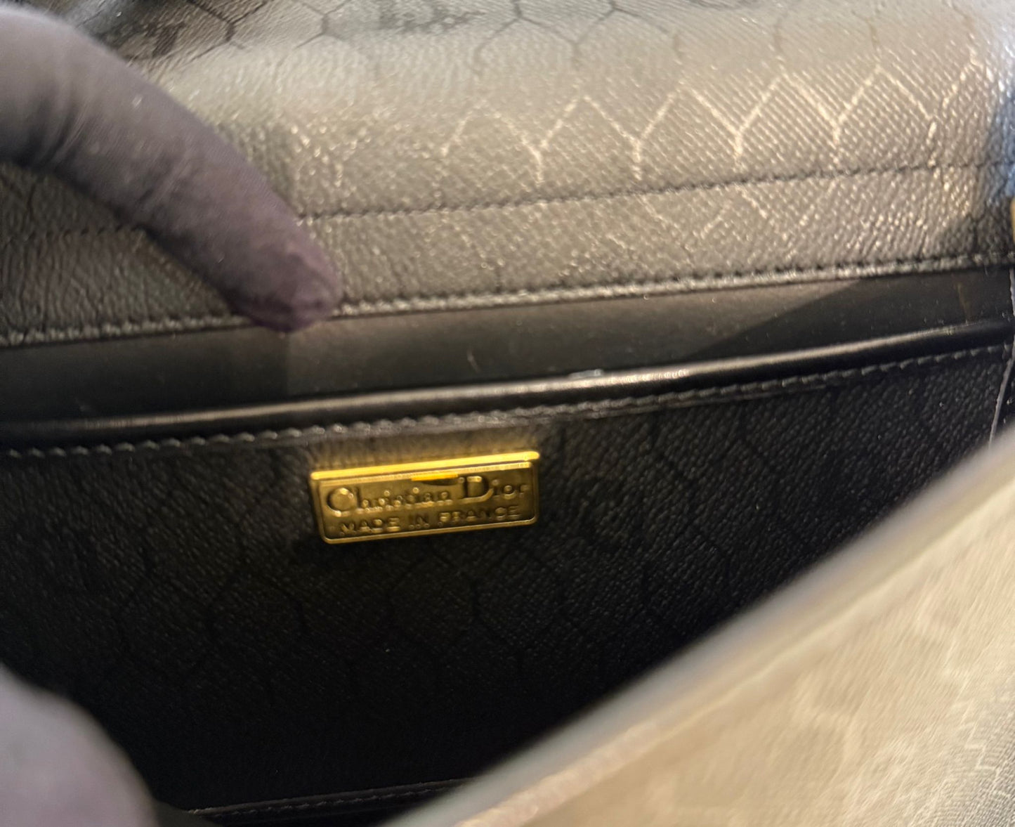 Christian Dior Vintage Honeycomb Black Leather Trim Shoulder Bag