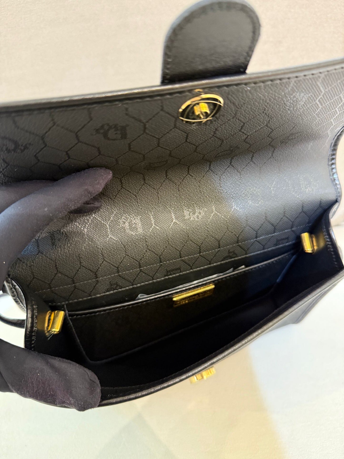 Christian Dior Vintage Honeycomb Black Leather Trim Shoulder Bag