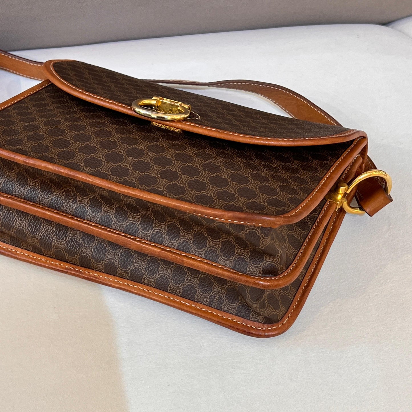 Celine Vintage Macadam Brown Canvas Shoulder Bag With Gold Hardware