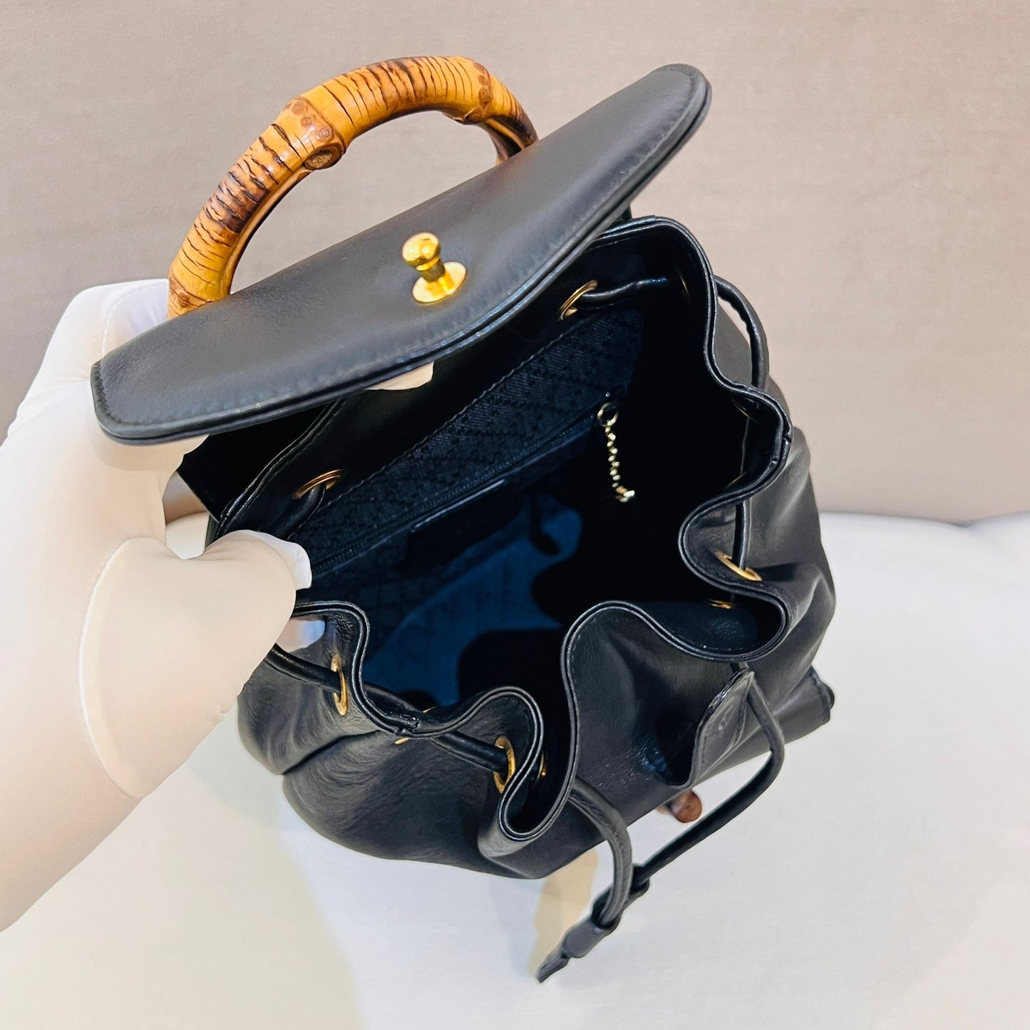 Gucci Vintage Bamboo Black Leather Small Backpack