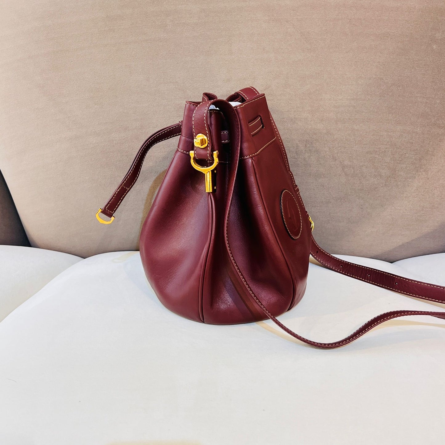 Cartier Vintage Must De Cartier Bordeaux Drawstring Leather Shoulder Bag