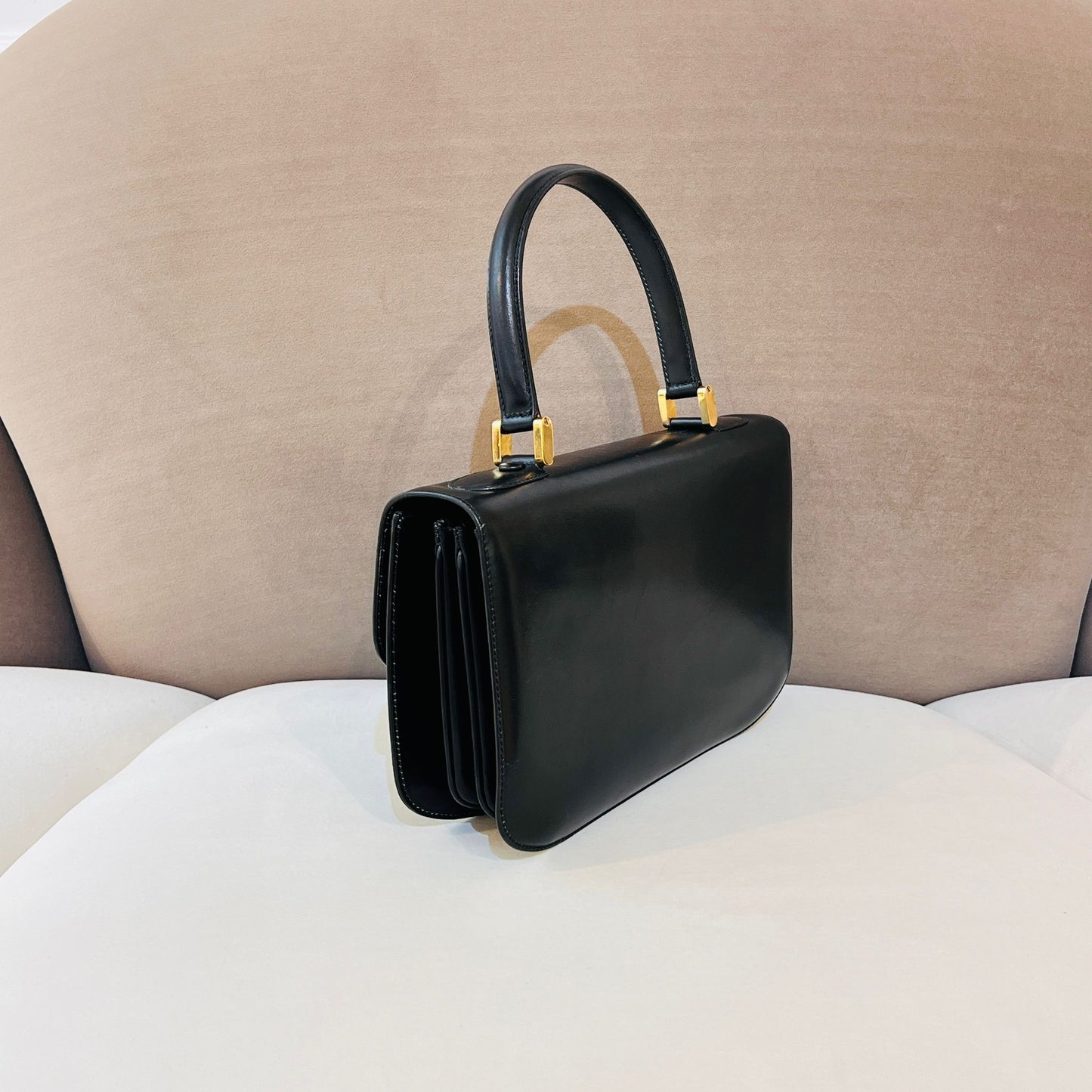 Celine Vintage Triomphe Black Smooth Leather Gold Clasp Top Handle Handbag