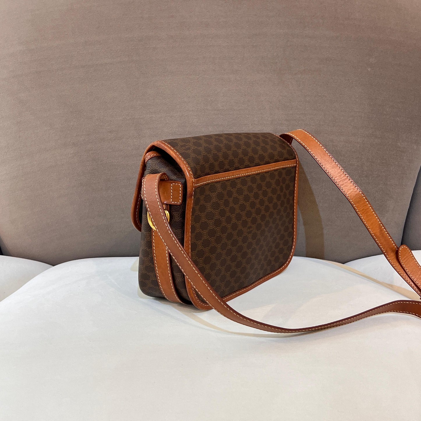 Celine Vintage Macadam Canvas Brown Leather Shoulder Bag