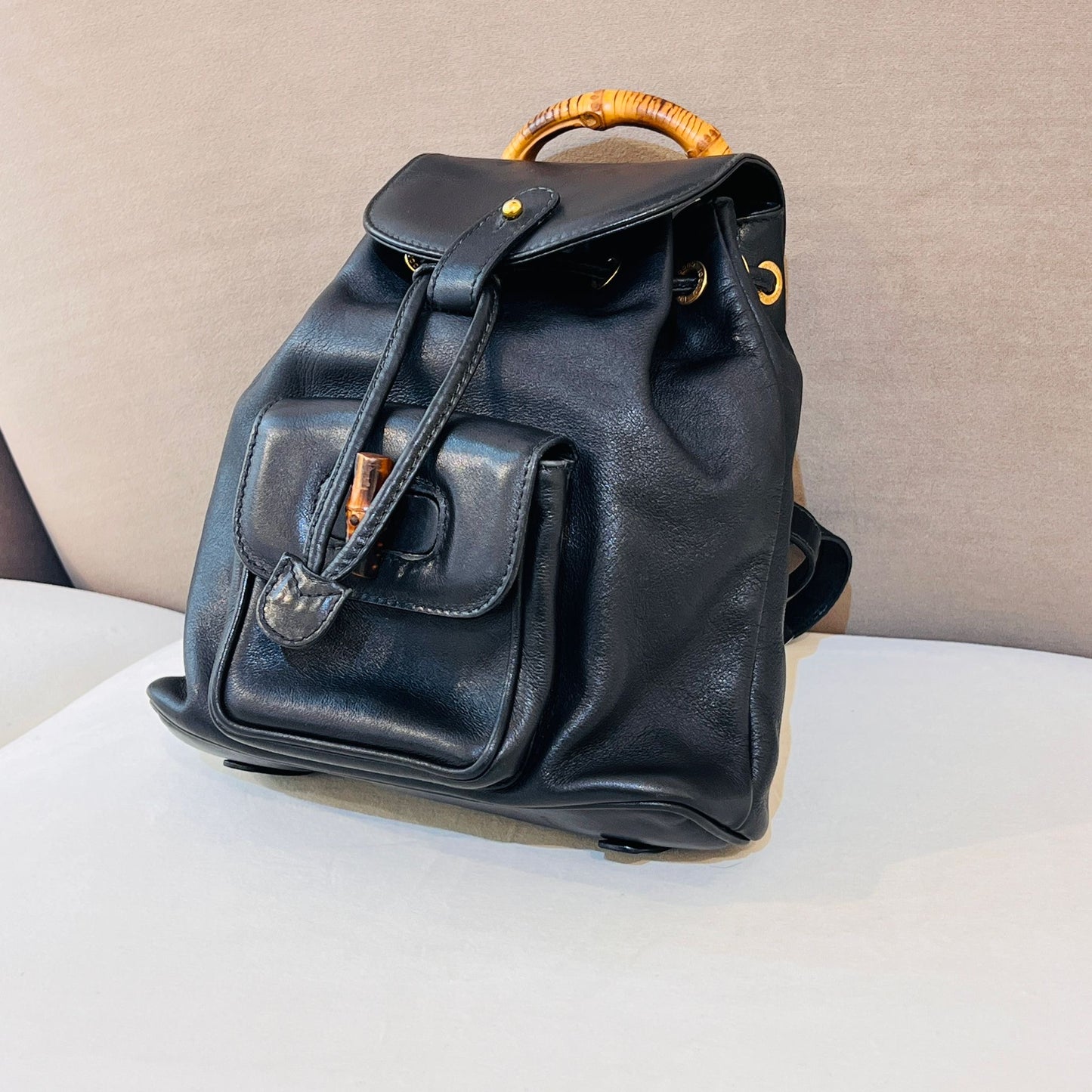 Gucci Vintage Bamboo Black Leather Small Backpack