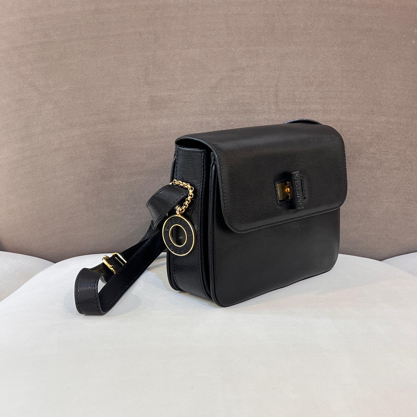 Celine Vintage Black Leather Turn Lock Shoulder Bag