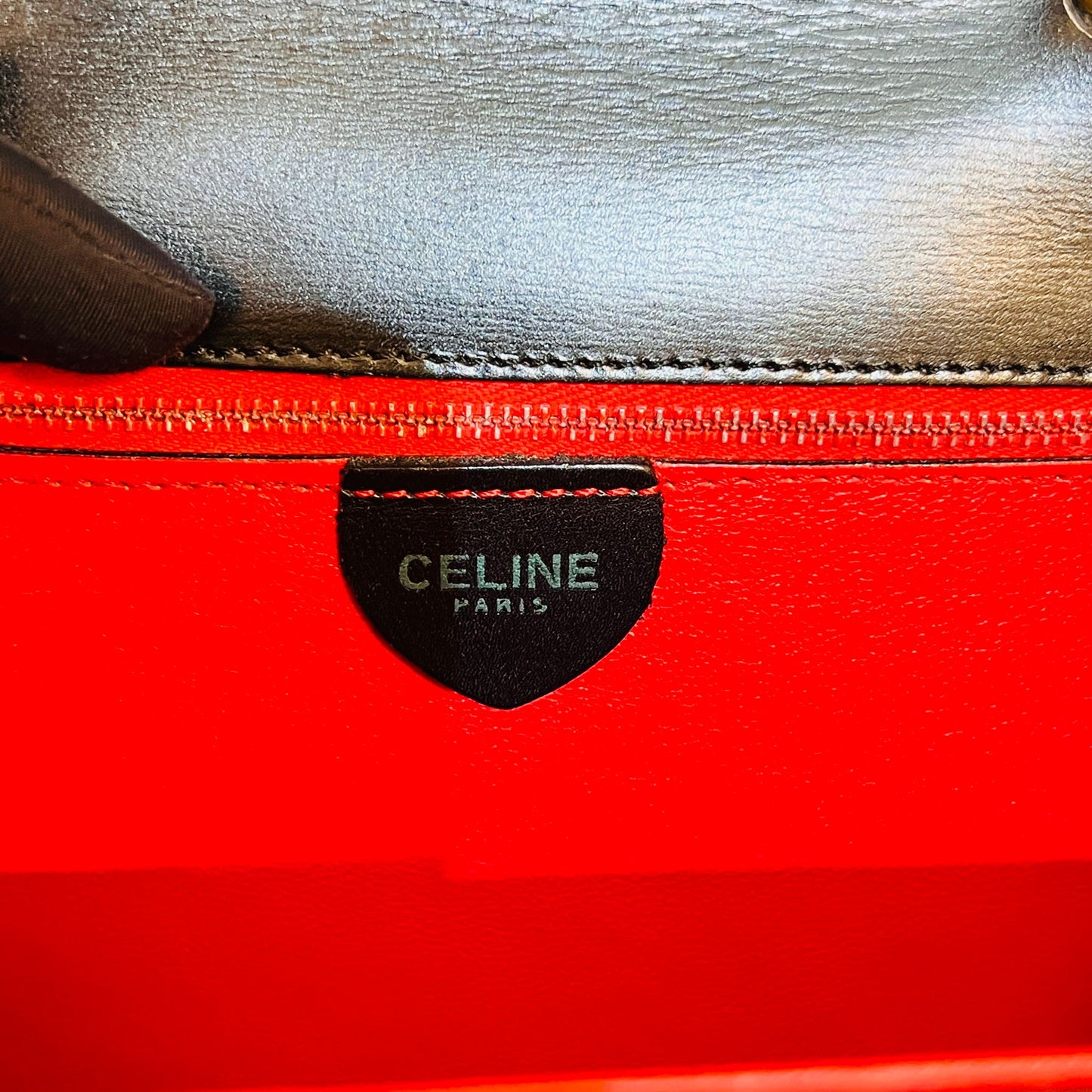 Celine Vintage Gancini Double Flap Black Leather Gold Clasp Handbag